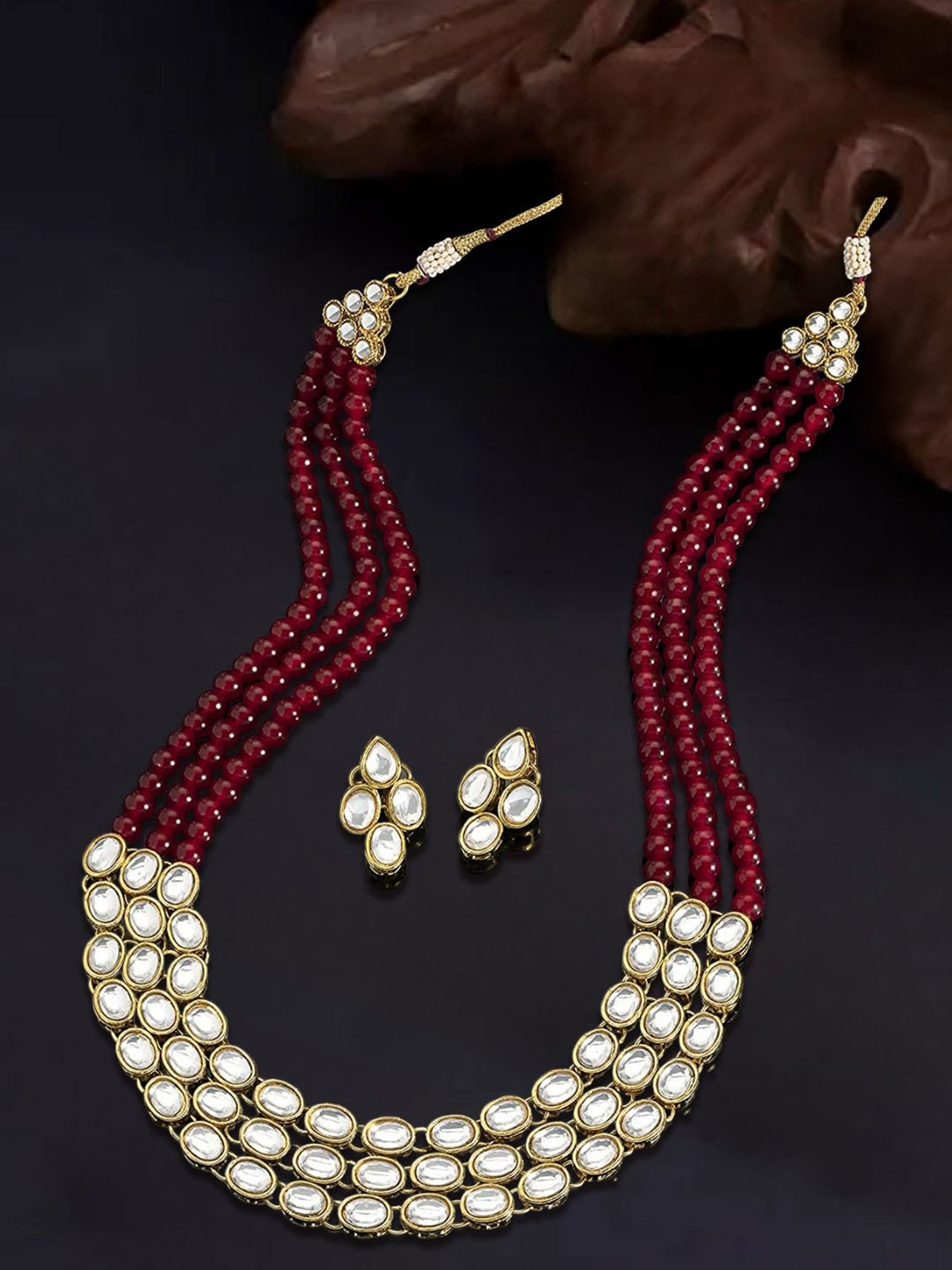 OOMPH Maroon Red Pearls & Kundan Ethnic Mala Long Necklace Set with Drop Earrings