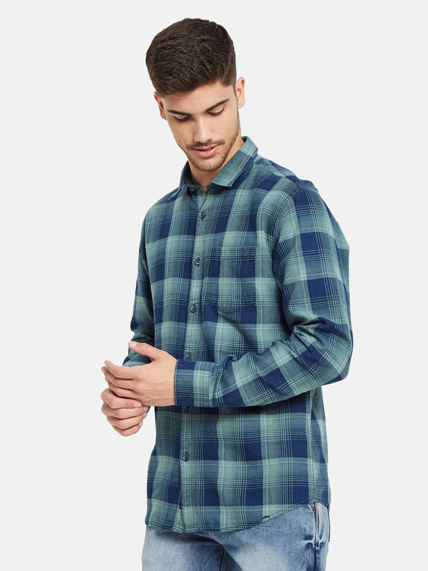 METTLE Light Olive & Blue Cotton Regular Fit Checks Shirt