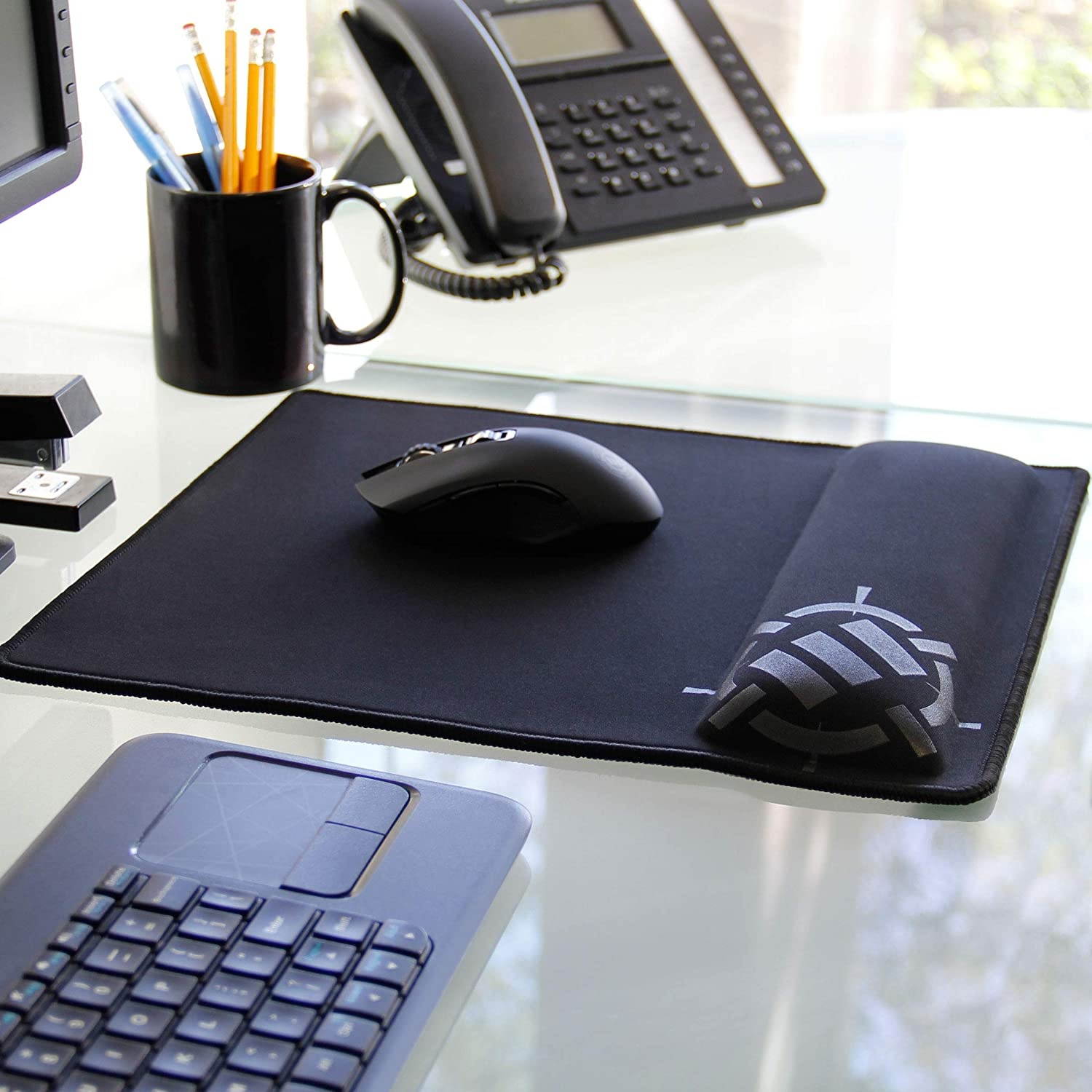ENHANCE Large Gaming Mouse Pad with Wrist Support Memory Foam Wrist Rest (12.6 x 14 inches) - Anti-Fray Stitched Edges, Non Slip Rubber Grip, Ergonomic Design - 1 Inch Padded Cushion - Black