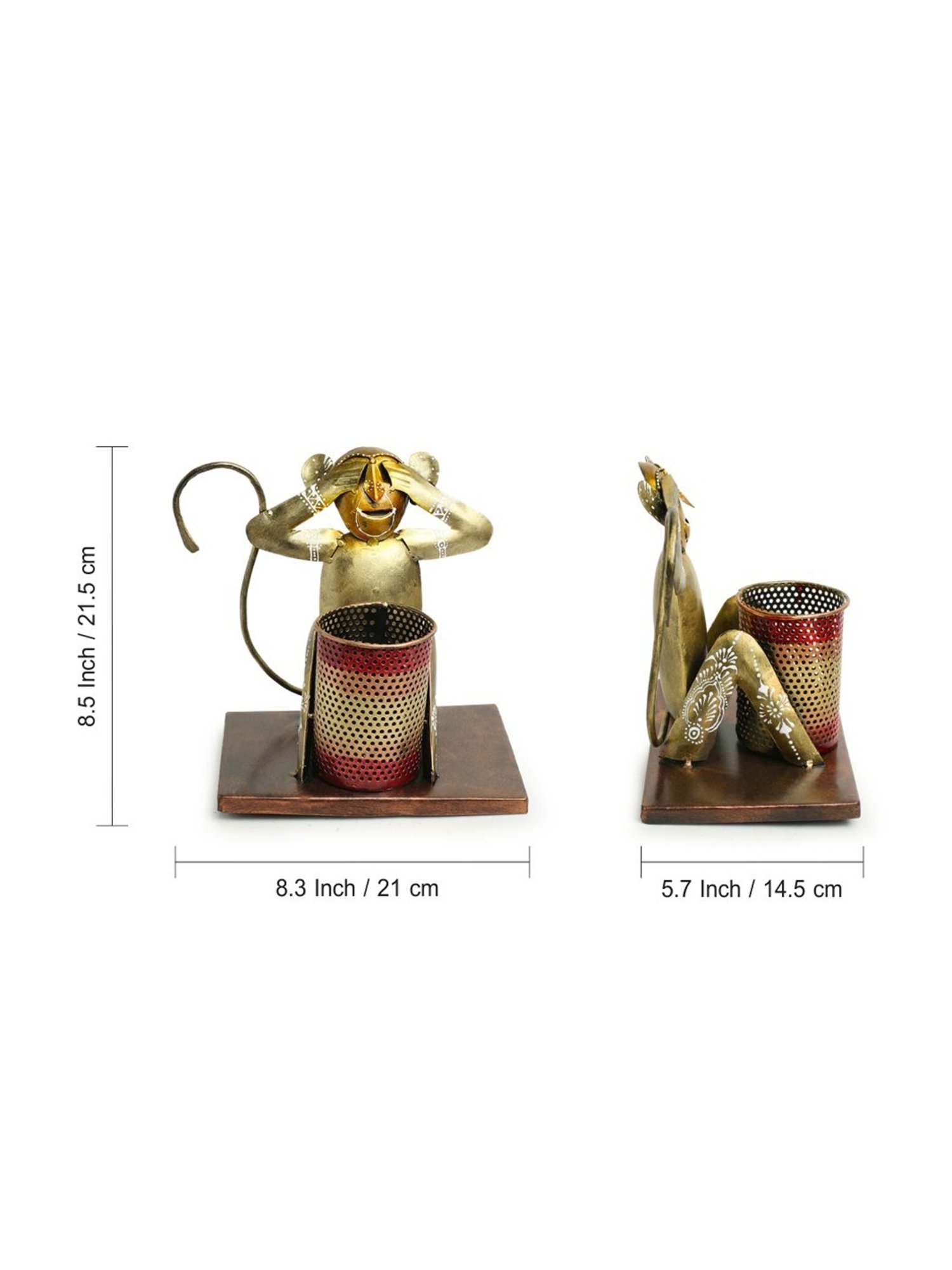 ExclusiveLane Gold Sheet Metal Monkey Mischiefs Hand-Painted Pen Stand