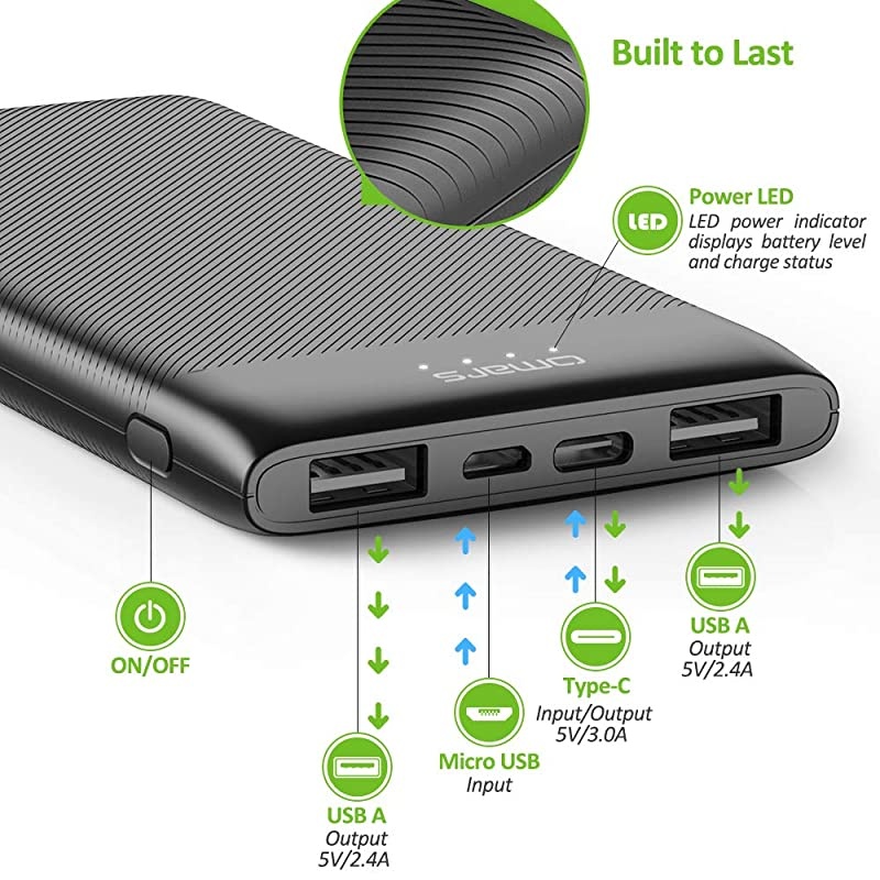 Power Bank 10000mAh USB C Battery Pack Slimline Portable Charger with Dual USB Output Compatible with iPhone XsXRXS MaxX iPad Galaxy S9 Note 9