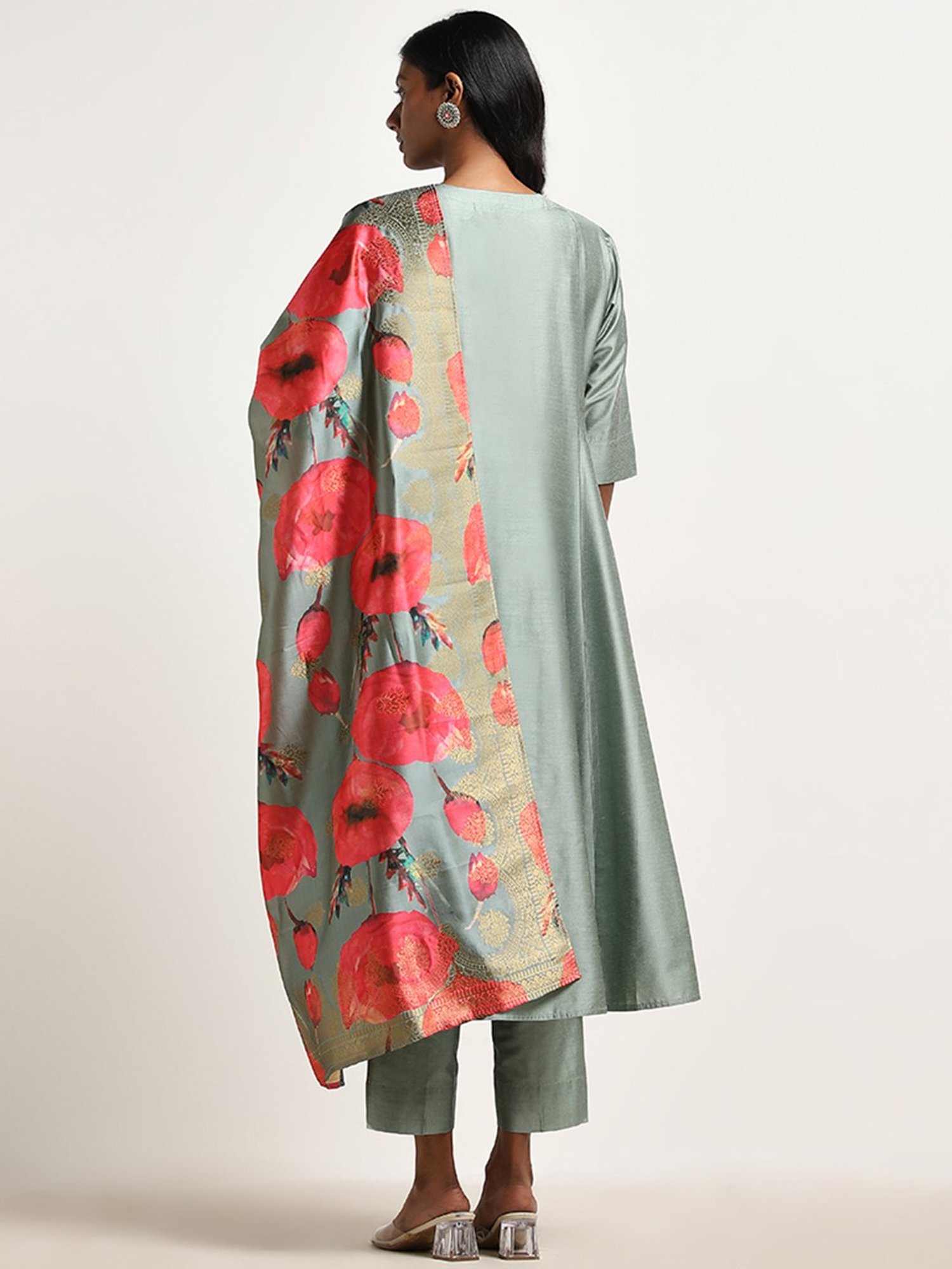 Vark by Westside Sage Floral Printed A-Line Kurta, Pants & Dupatta Set