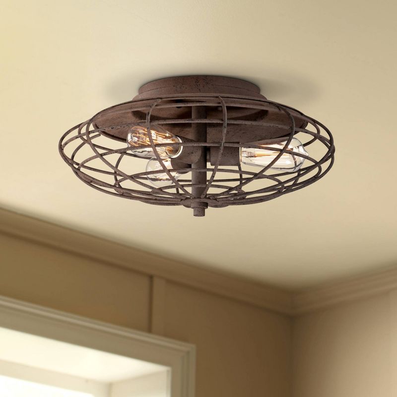Franklin Iron Works Industrial Ceiling Light Flush Mount Fixture LED Dark Rust Caged 18 1/2" Wide 3-Light for Bedroom Kitchen