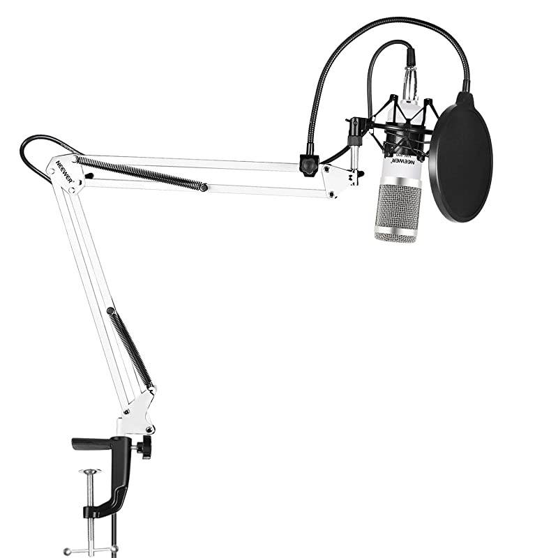 NW800 Pro Studio Broadcasting Recording Condenser Mic Kit with NW35 Adjustable Mic Suspension Scissor Arm Stand with Black Shock Mount and Table Mounting Clamp Pop FilterWhite and Silver
