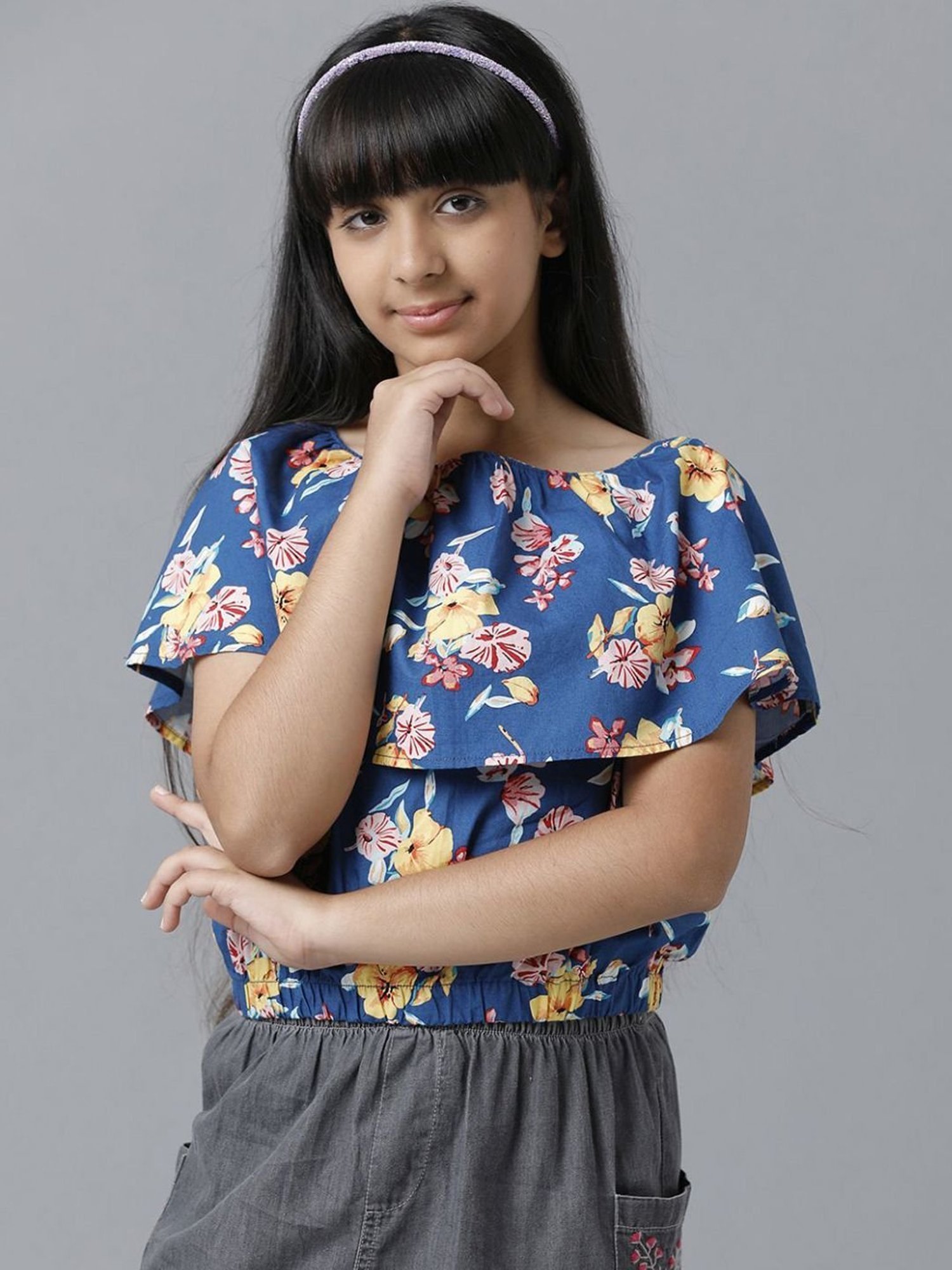 Under Fourteen Only Kids Blue & Yellow Cotton Floral Print Top