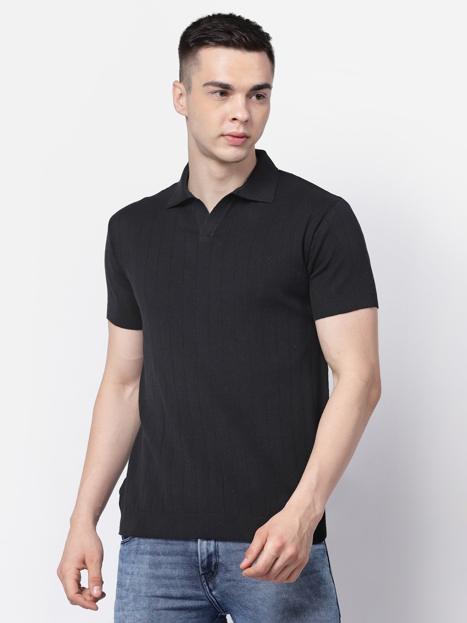 Kalt Black Regular Fit Striped Polo T-Shirt