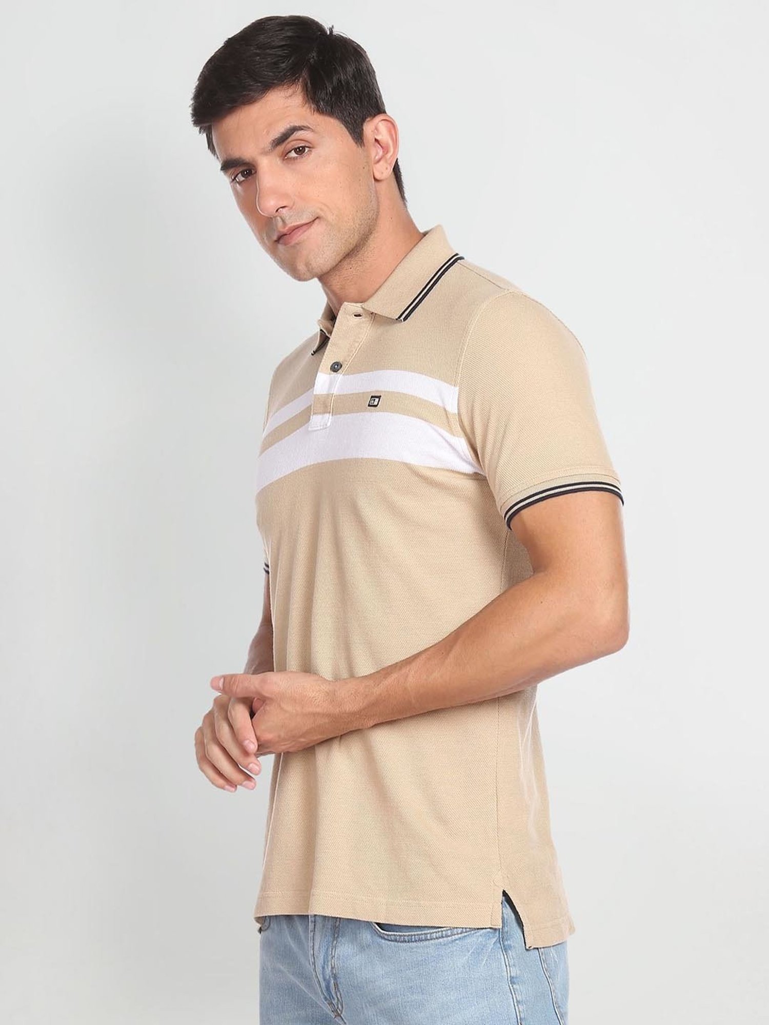 Arrow Sport Beige Cotton Regular Fit Striped Polo T-Shirt