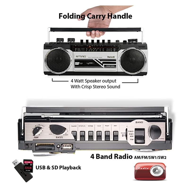 Cassette Boombox Retro Blueooth Boombox Cassette Player and Recorder AMFM SW1SW2 Radio4Band Radio USB SD Silver