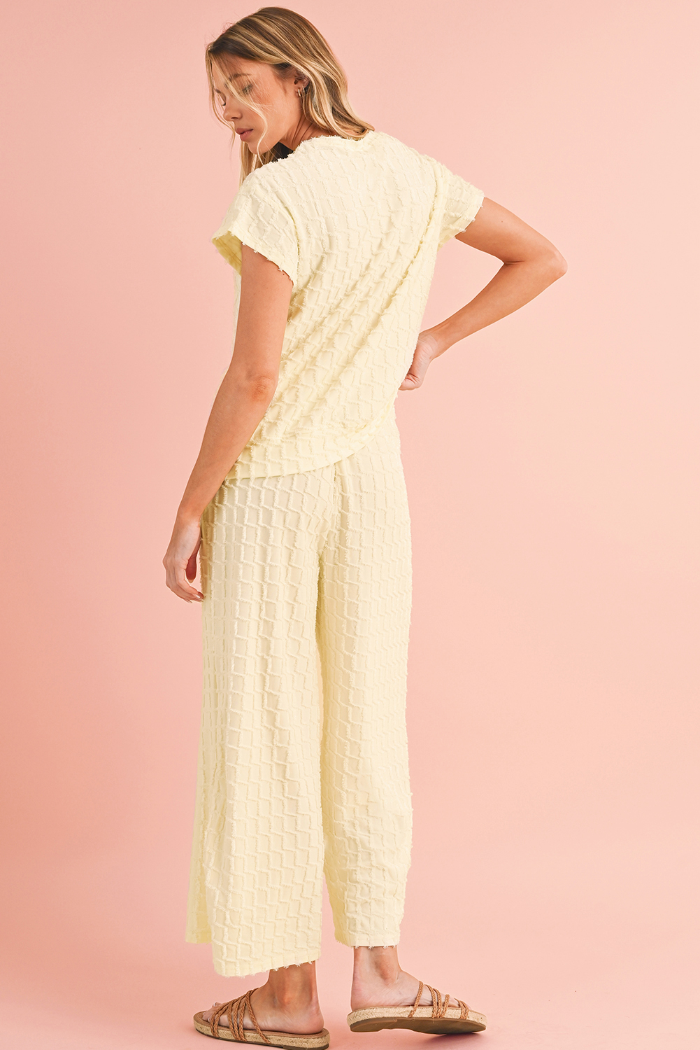 Apricot Lattice Textured Tee and Wide Leg Pants Two-Piece Set