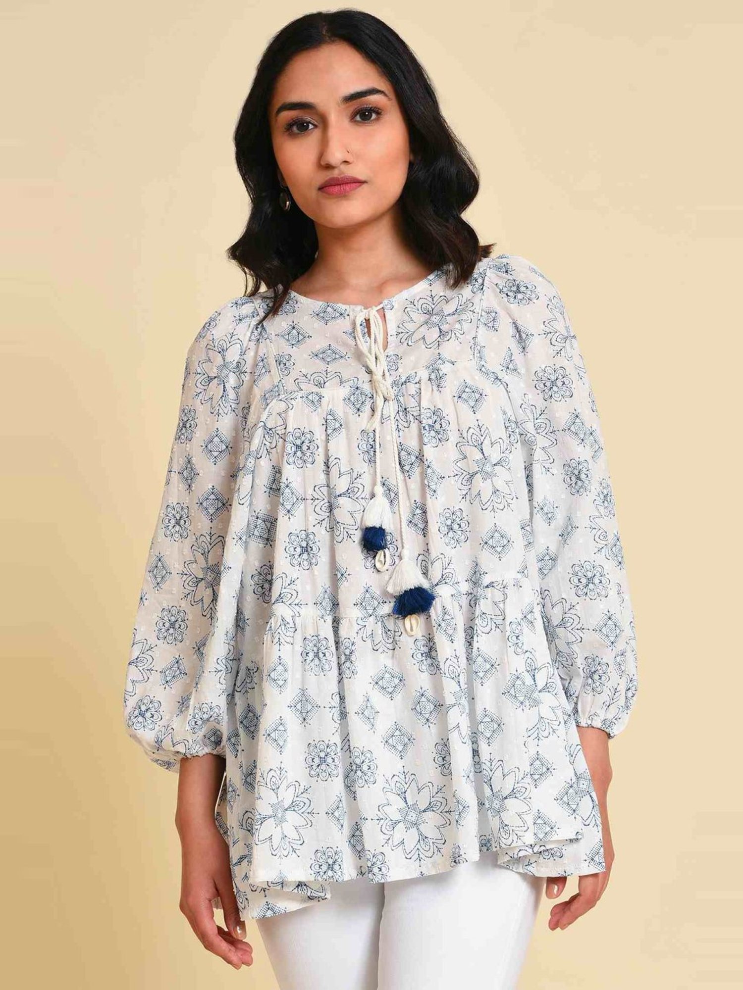 W Off-White Cotton Printed Top