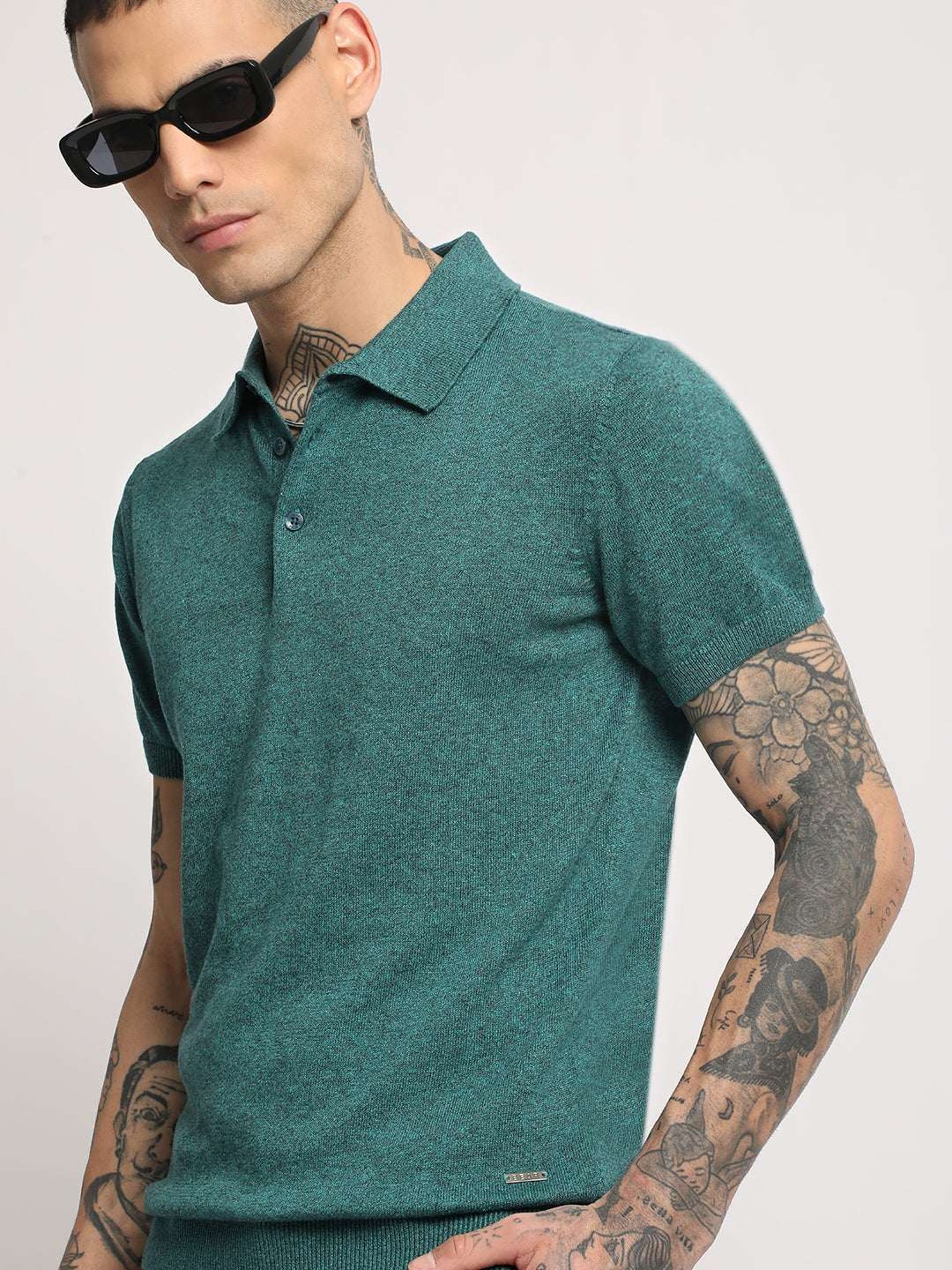 The Bear House Teal Green Regular Fit Polo T-Shirt