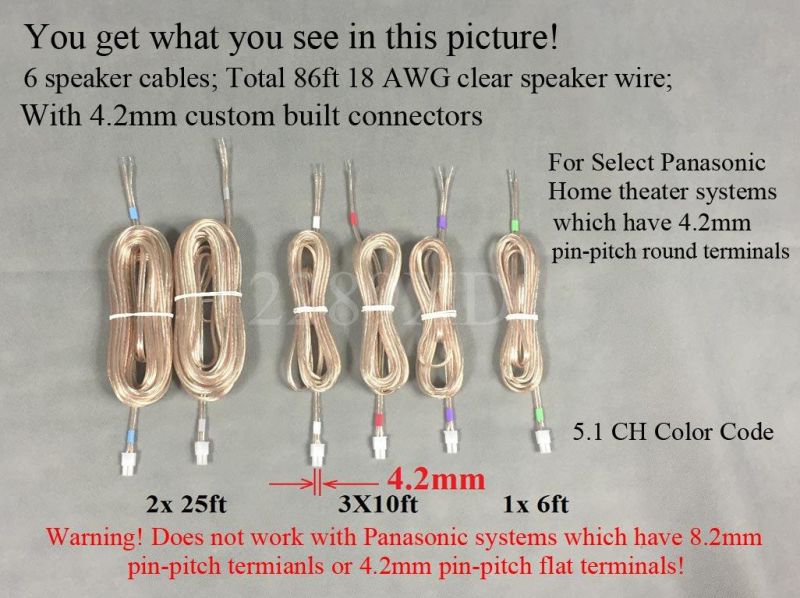 6 Speaker Wires/Cables / Cords for Select Panasonic Home Theater System or Sound Bar; 6 PCs; Total 86ft; 4.2mm Connector (Plug); 18 AWG Wire;