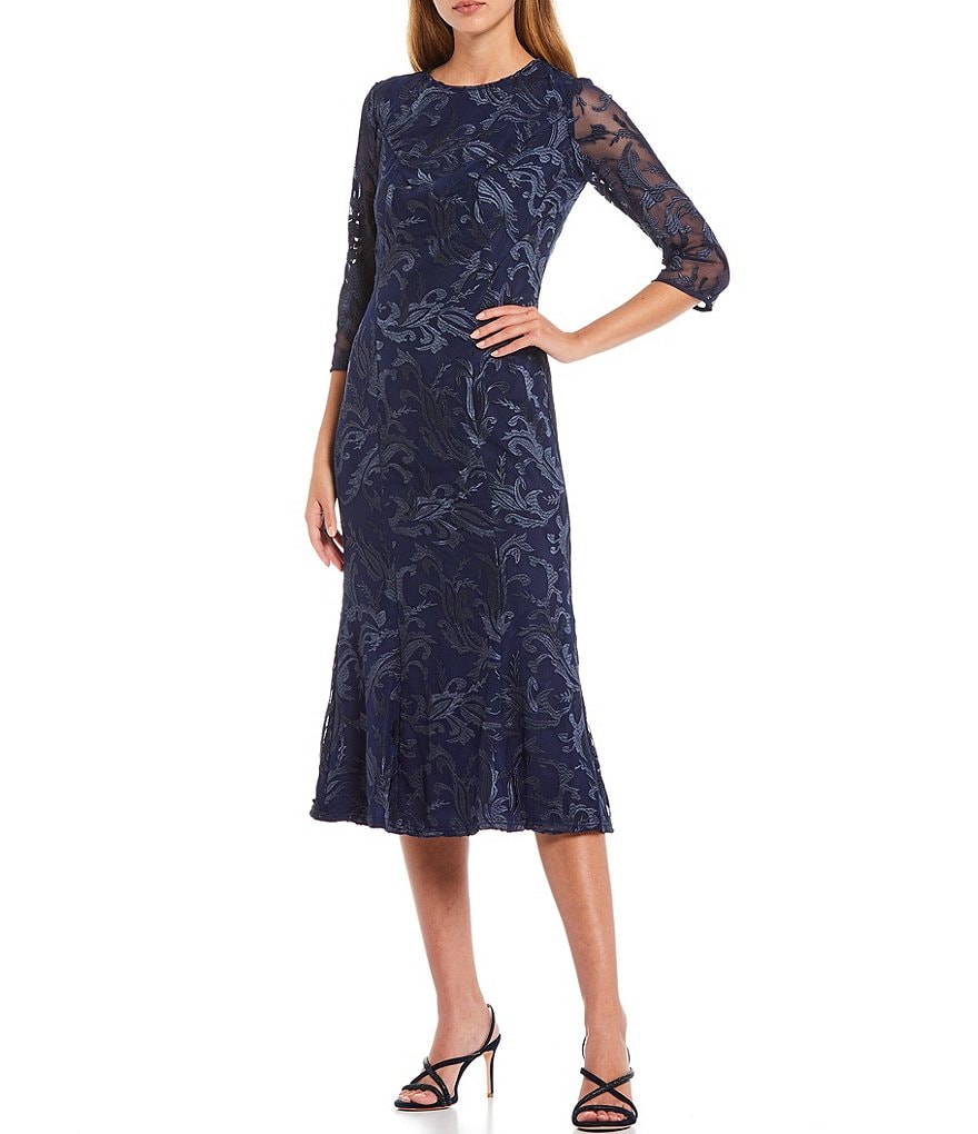 JS Collections Cecily Illusion Lace Jewel Neck 3/4 Sleeve Midi Sheath Dress