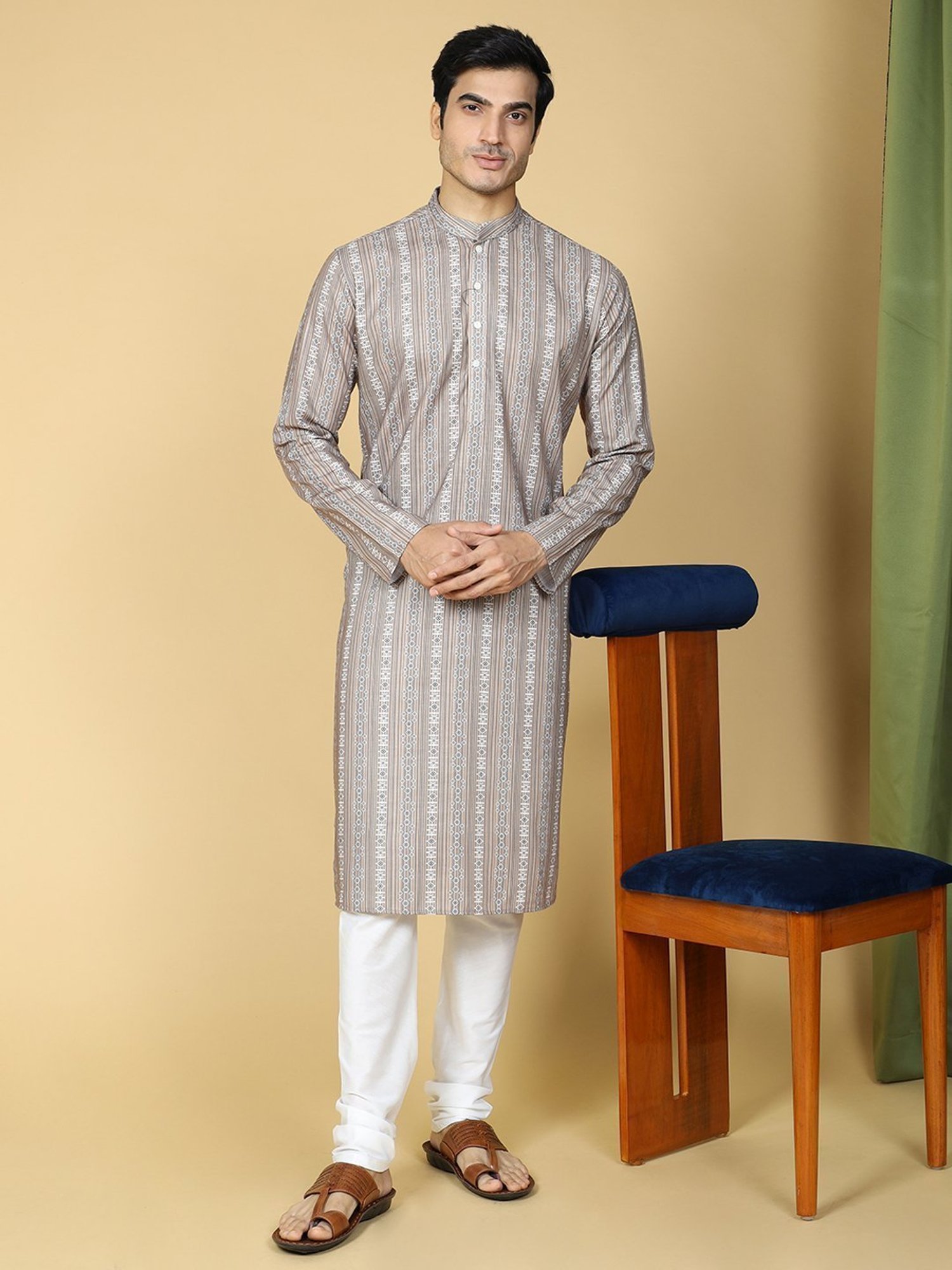 TABARD Mid Beige Cotton Regular Fit Self Pattern Kurta Bottom Set