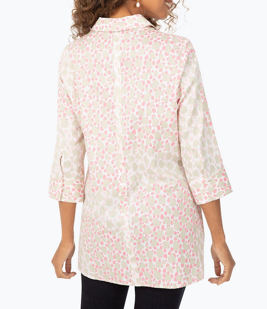 Foxcroft Pamela Pebble Animal Print Point Collar Neck 3/4 Sleeve Non-Iron Tunic