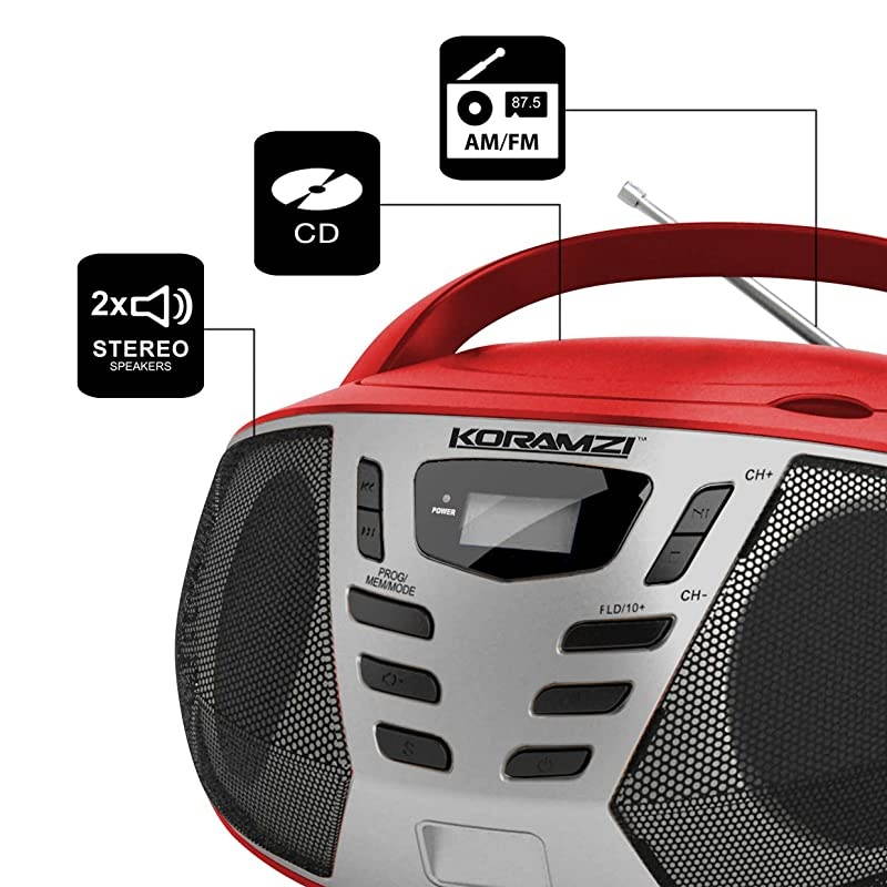 Portable CD Boombox w/AM/FM Radio,AUX IN, Top Loading CD Player,Telescopic Antenna, LCD Display for Indoor & Outdoor,Offices, Home, Restaurants, Picnics,School,Camping (Red/Silver) CD55-RDS