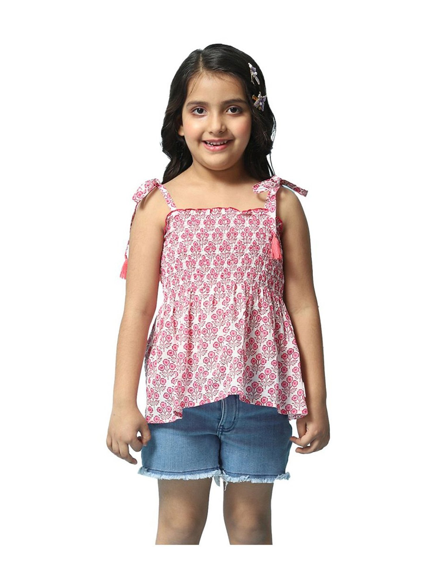 BIBA Girls Pink & White Cotton Printed Top