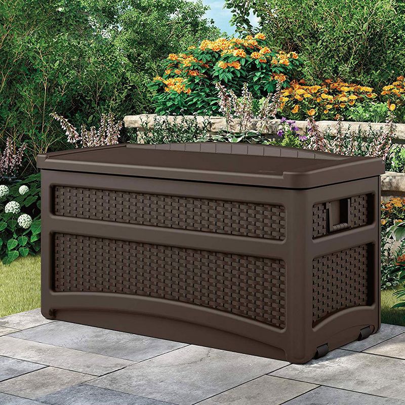 73 Gallon Deck Box With Seat with Suncast Resin Wicker Trash Hideaway