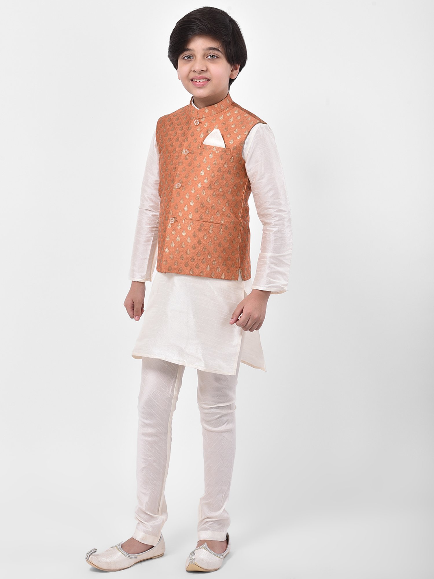 Deyann Kids Off White & Peach Self Design Full Sleeves Kurta, Churidar Pants with Nehru Jacket