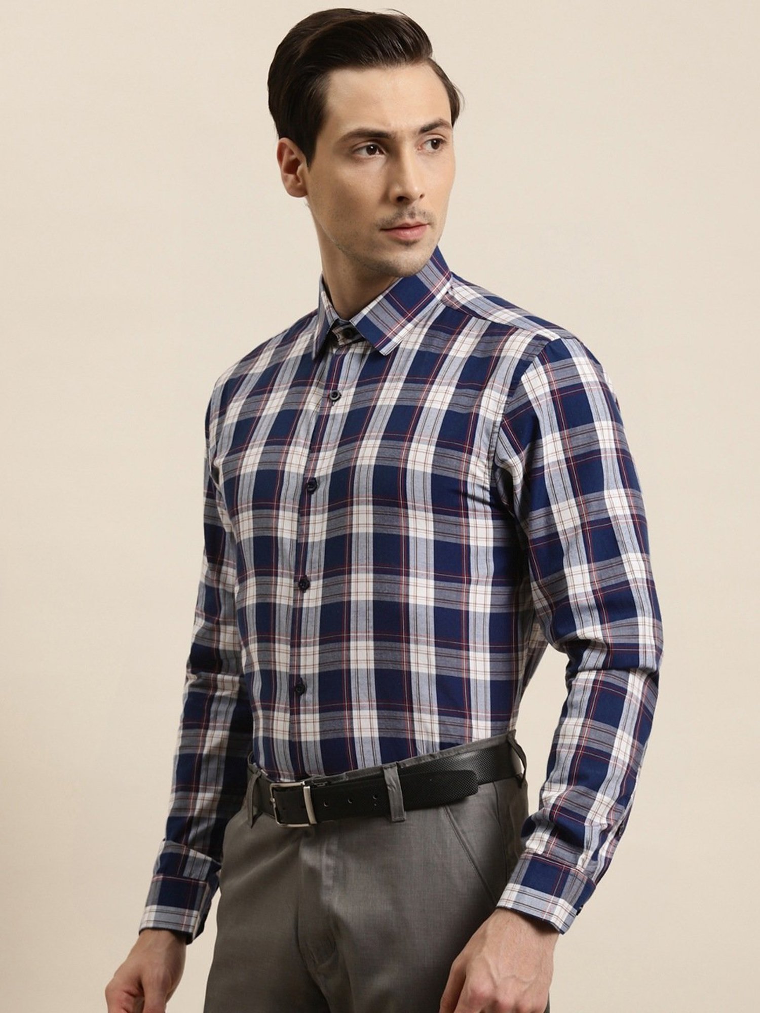 Sojanya Navy Cotton Regular Fit Checks Shirt