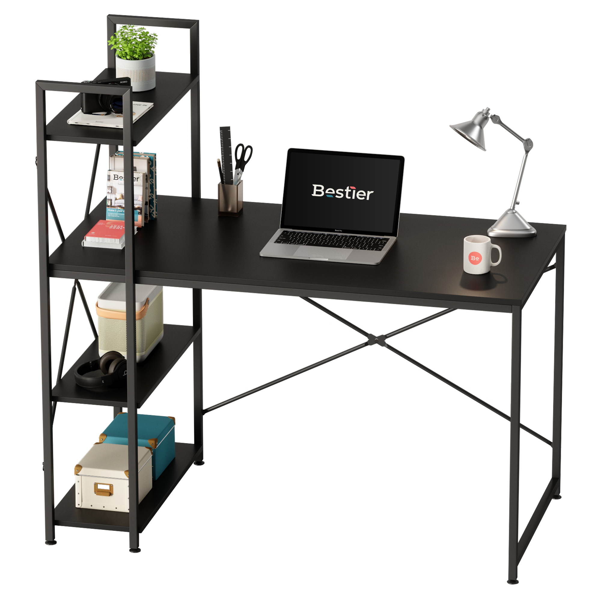 Bestier 63 Inch Computer Desk with Storage Shelves, Modern Bookshelf Desk with Headphone Hook Large Workstation Writing Desk with Reversible Bookshelves Home Office Work Table Study Desk Grey