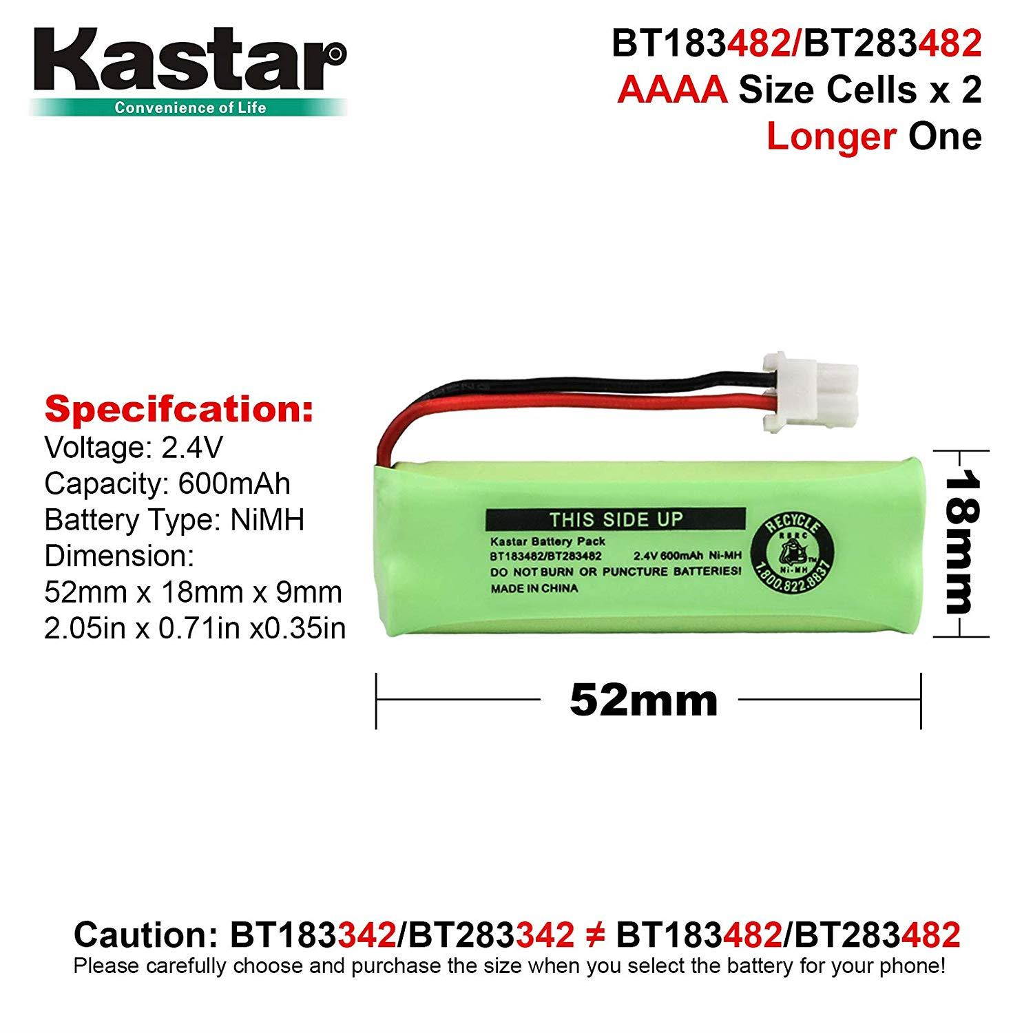 Kastar BT183482 / BT283482 Cordless Phone Battery Ni-MH 2.4V 600 mAh Replacement for Vtech LS6475-3 Vtech DS6401 DS6421 DS6422 DS6472 LS6405 LS6425 LS6426 LS6476 Vtech 89-1348-01-00 DECT Handset