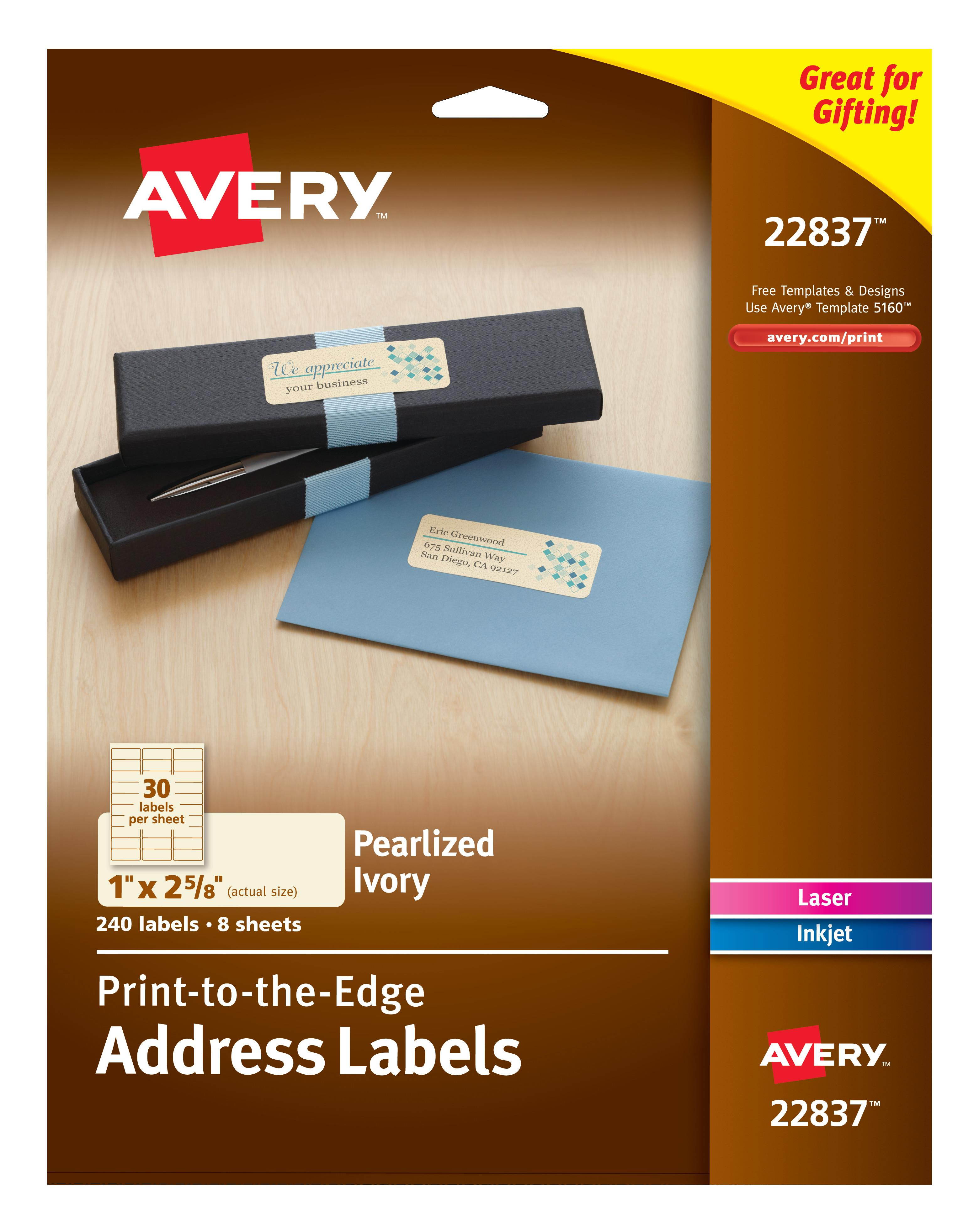 Avery Address Labels, Permanent Adhesive,  Pearlized, Ivory, 1" x 2-5/8", 240 Labels (22837)