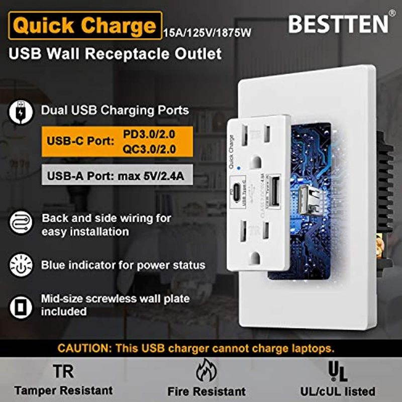 [5 Pack] BESTTEN 15 Amp Quick Charge USB Receptacle Outlet, Type C Supports PD & QC 3.0, 15A Tamper Resistant AC Outlets, Mid-Size Screwless Wallplate Included, UL Listed, White