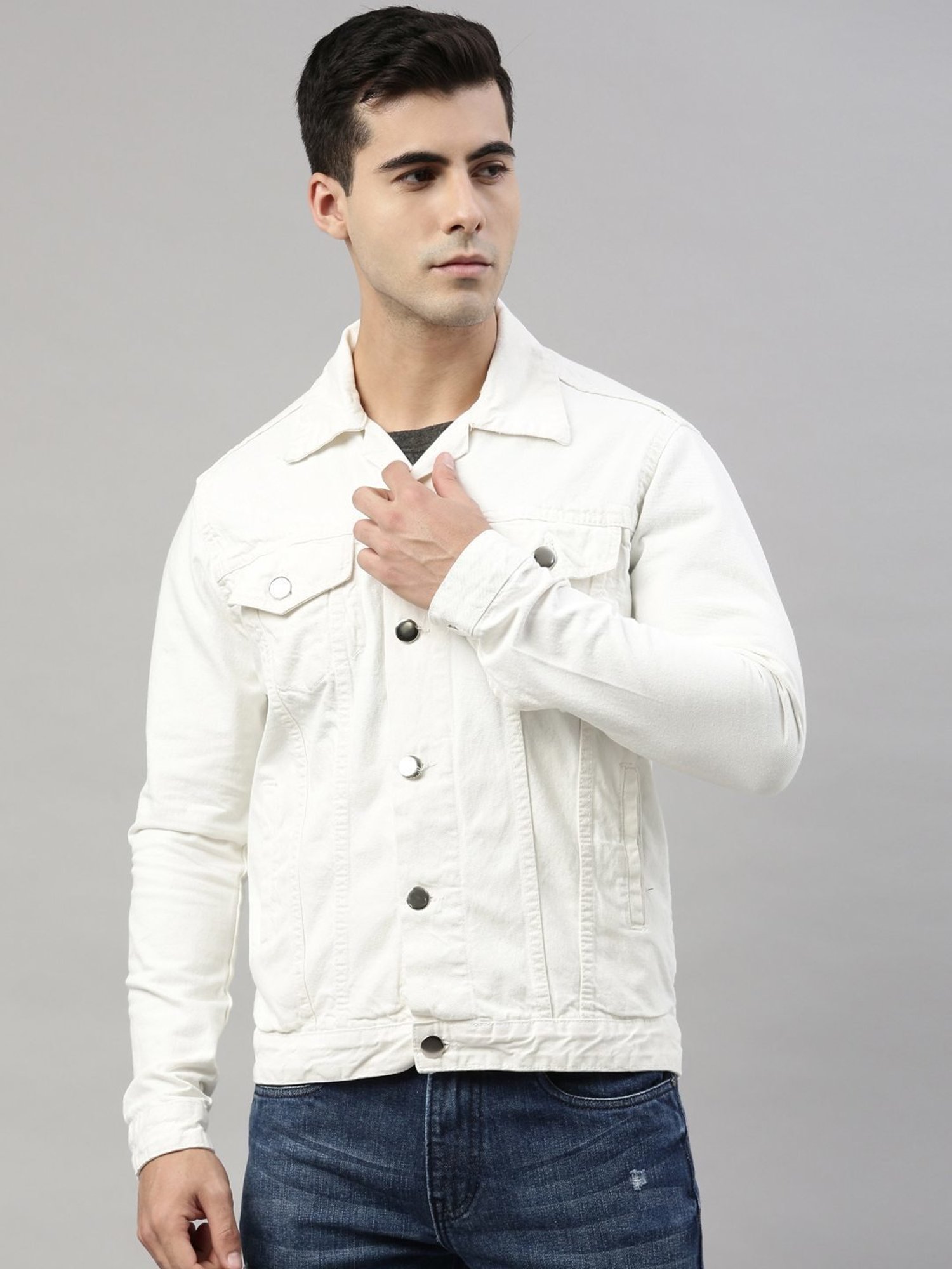 CINOCCI White Cotton Slim Fit Denim Jacket