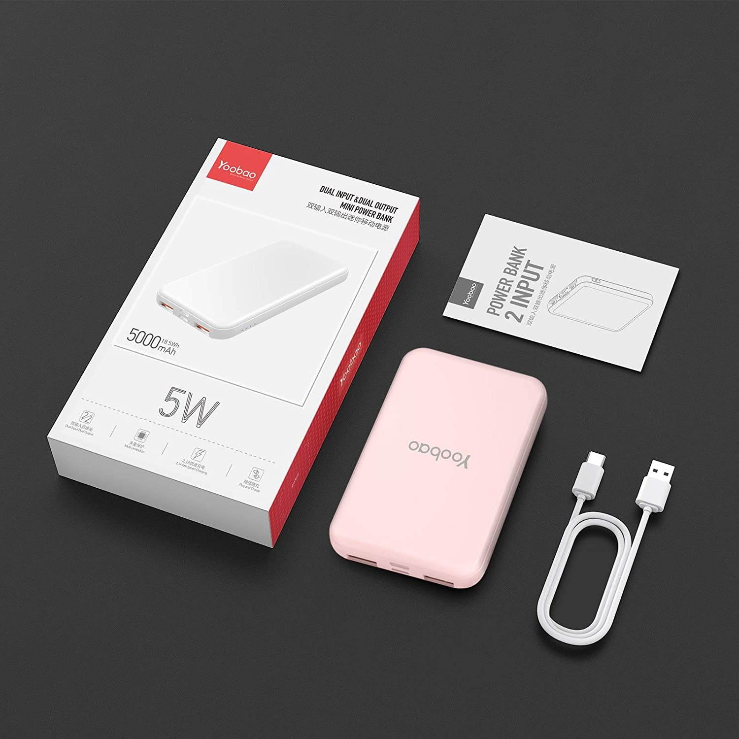 [Upgraded] Portable Charger Yoobao Power Bank Mini 5000mAh Powerbank 2-Output & 2-Input External Cellphone Battery Backup Pack Compatible iPhone 11 Pro Max 11 Xr X Samsung S20/20+ & More - Pink