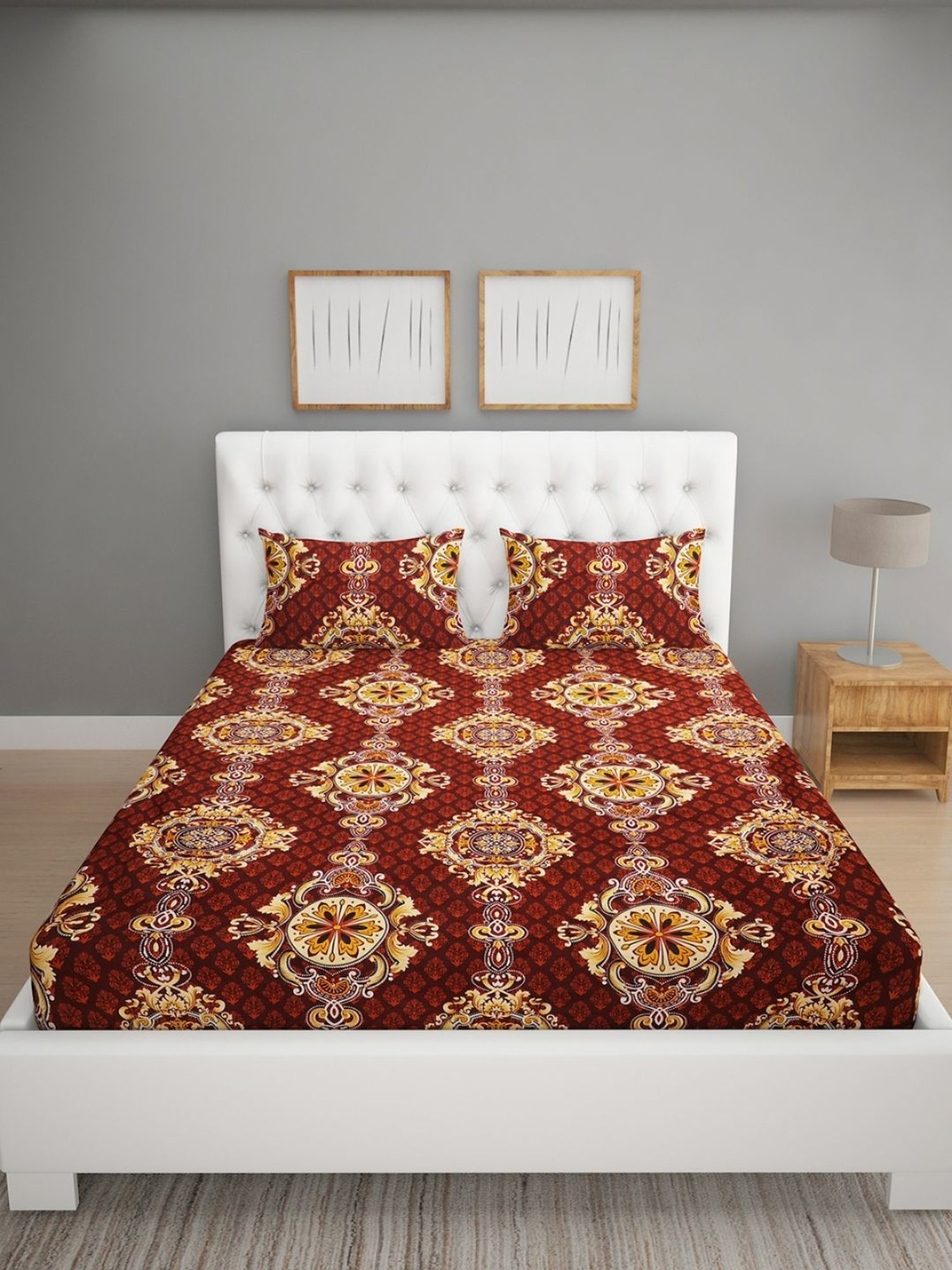 Romee Ethnic Maroon & Yellow 144 TC Cotton Queen Sized Bed Sheet with 2 Pillow Covers