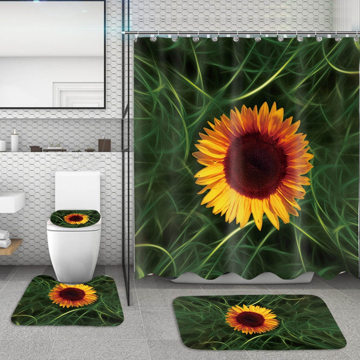 Shower Curtain Sunflower Bathroom Shower Curtain Pedestal Rug Toilet Lid Mat Floor Mat-Shower Curtain