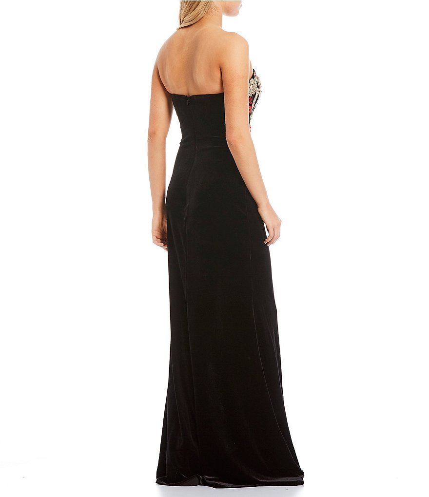 Blondie Nites Strapless Embroidered Bodice High Side Slit Velvet Long Dress