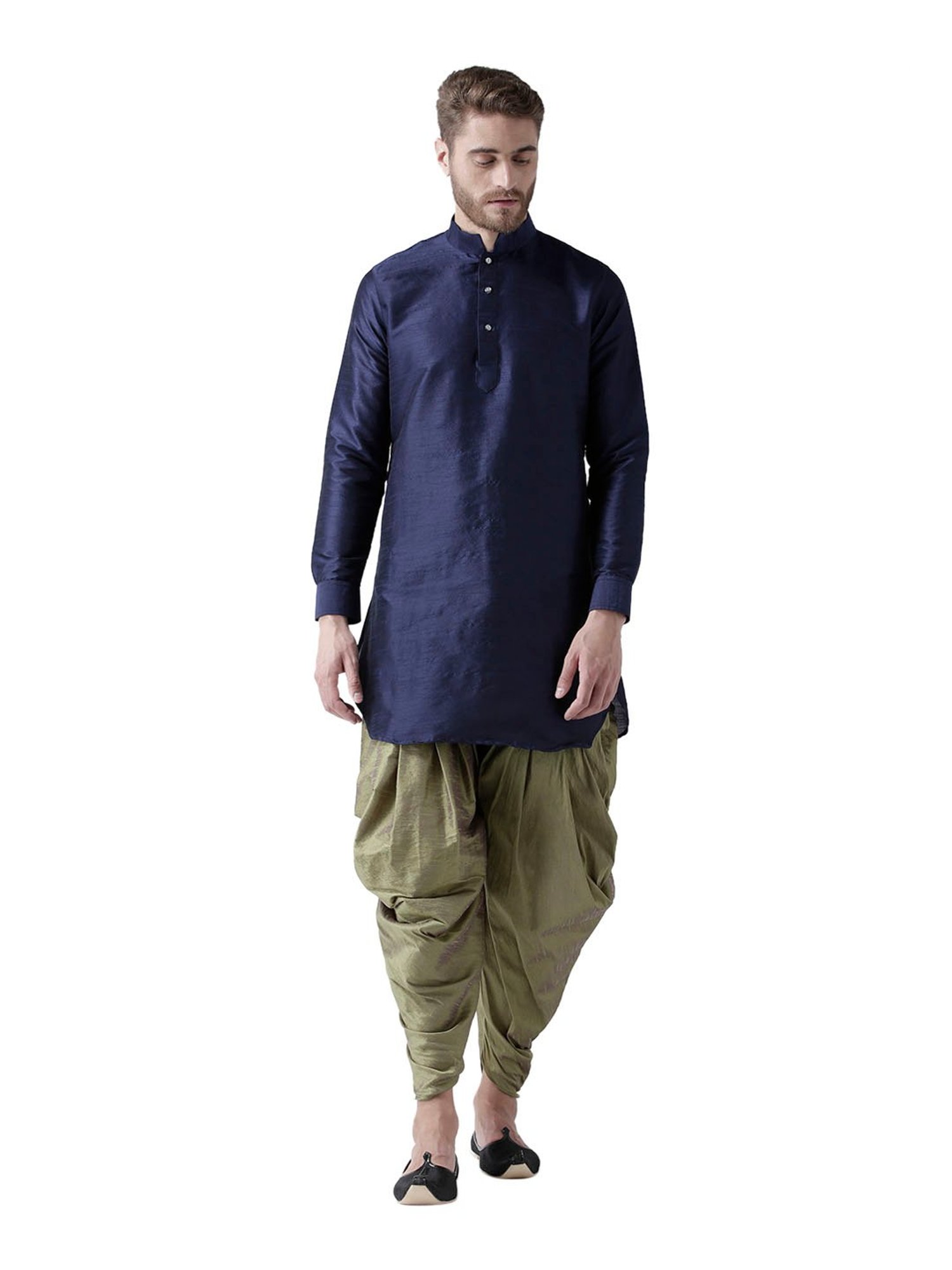 Deyann Navy & Green Mandarin Collar Silk Kurta Set