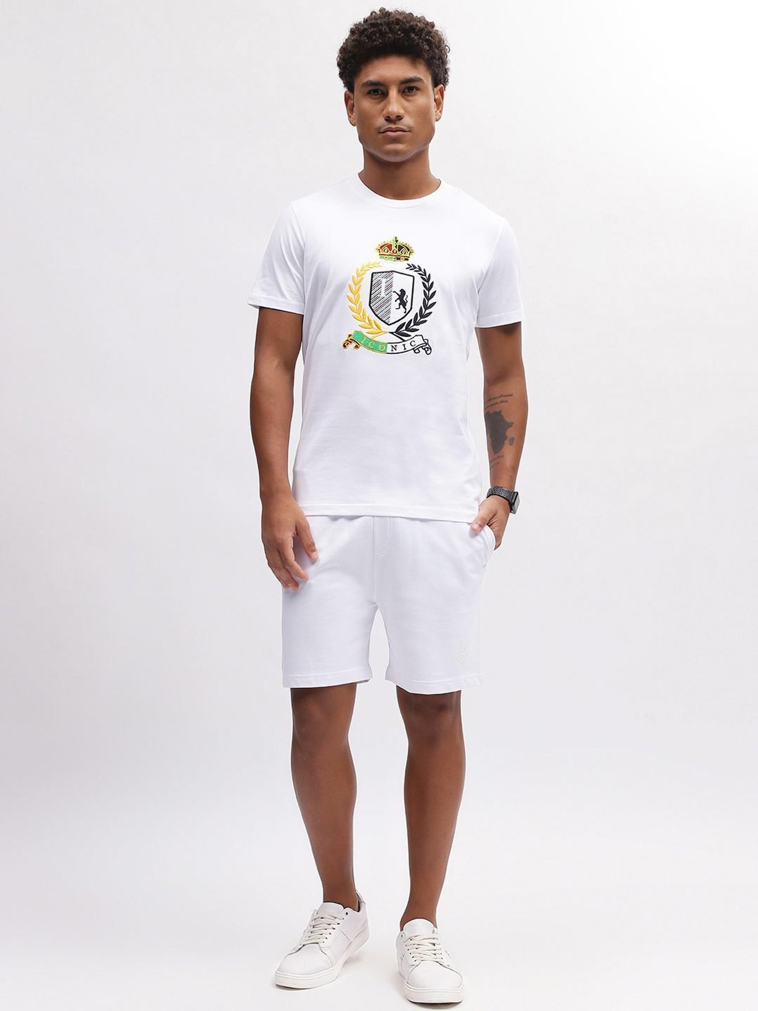 Iconic White Cotton Regular Fit Embroidered T-Shirt