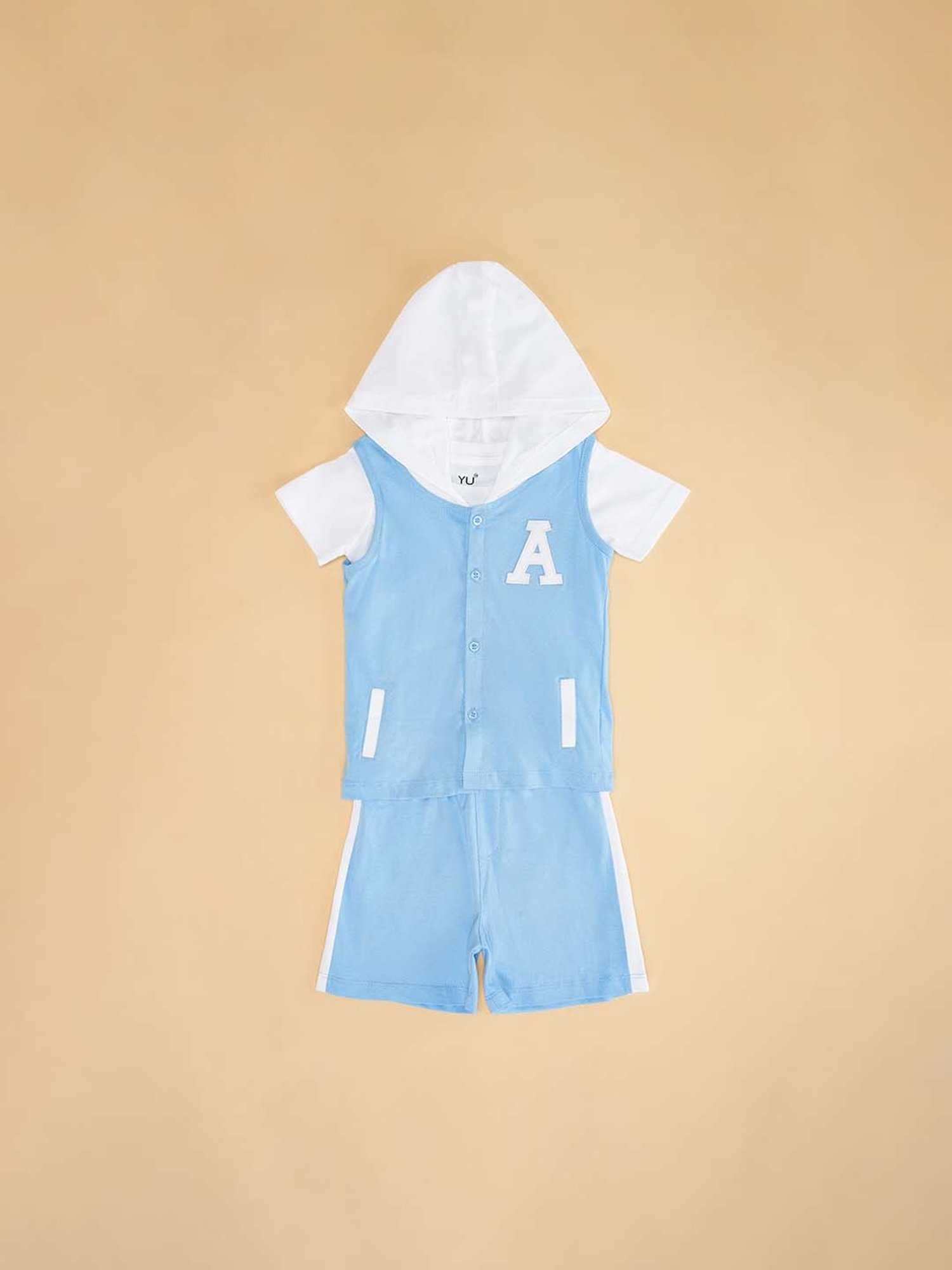 YU by Pantaloons Kids Blue & White Cotton Embroidered T-Shirt Set