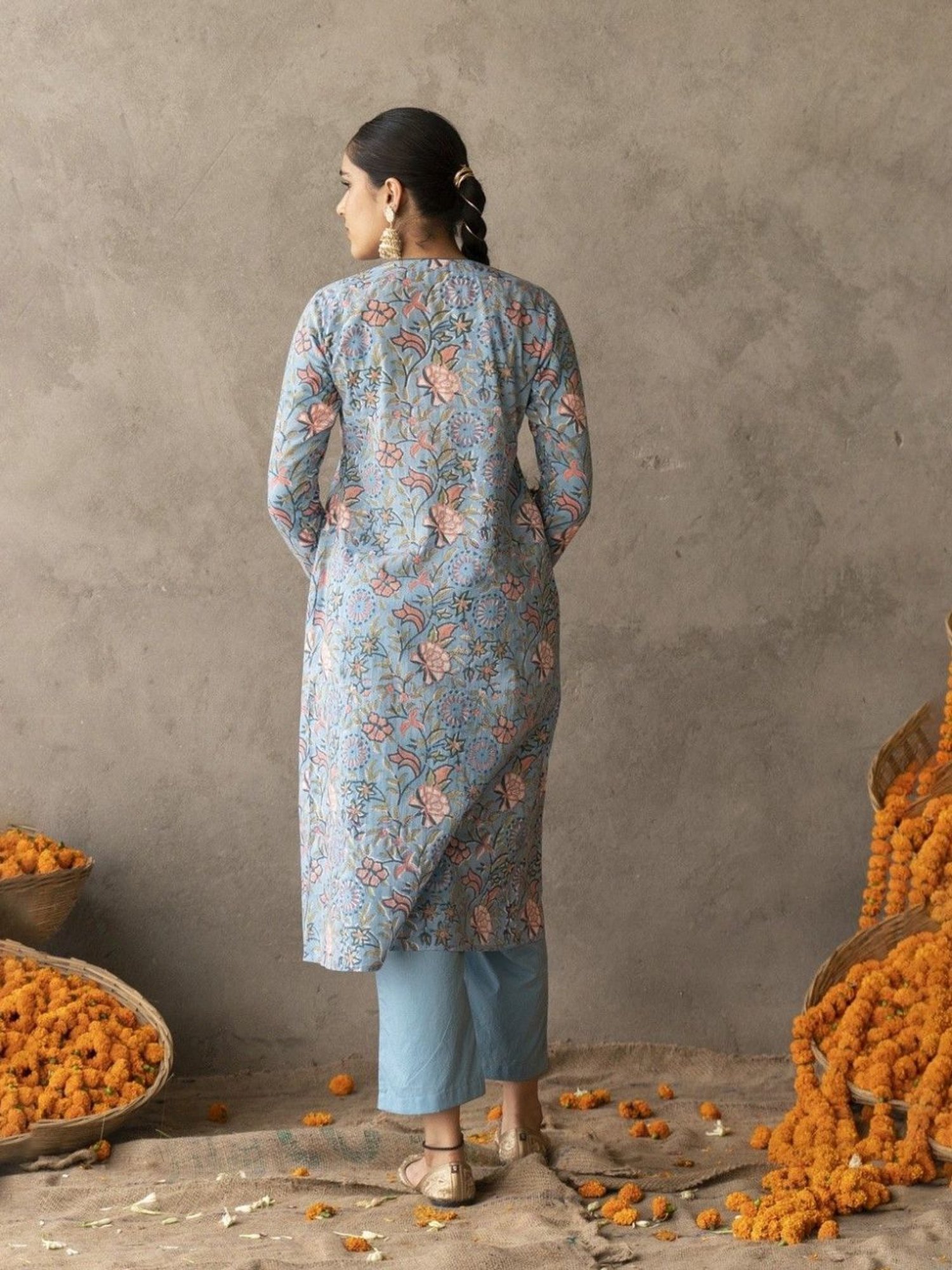 Akiso Reet Blue Block Printed With Yoke And Sleeve Detailed A Line Suit Set With Dupatta