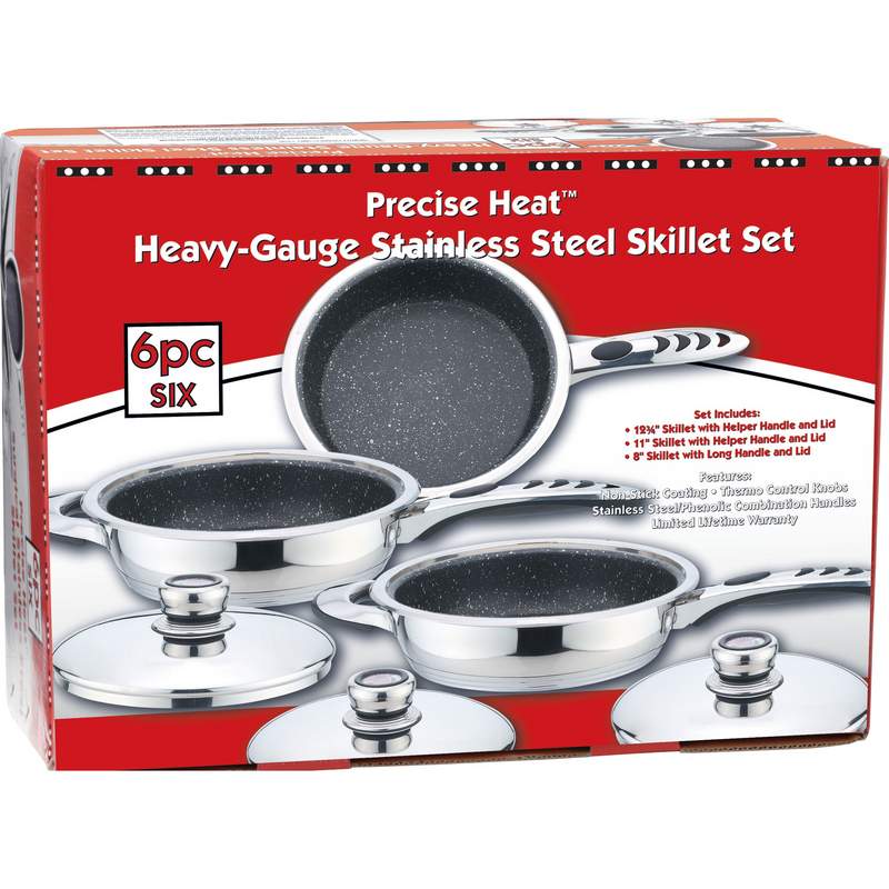 Precise Heat 6pc High-Quality, Heavy-Gauge Stainless Steel Non-Stick Skillet Set