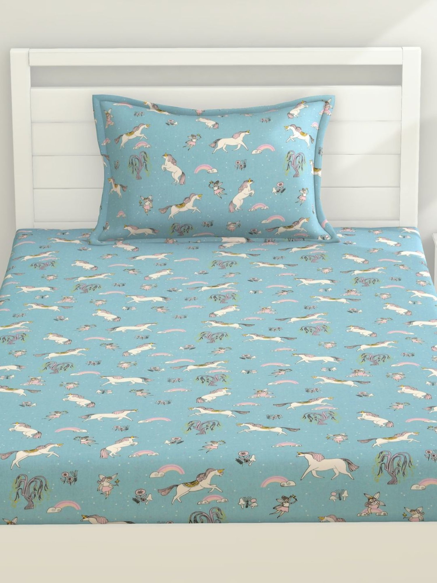 Haus & Kinder Printed Blue 120 TC Cotton Single Bedsheet