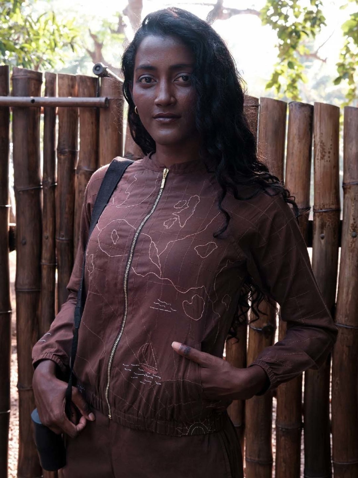 Okhai Globe Brown Pure Cotton Hand Embroidered Bomber Jacket