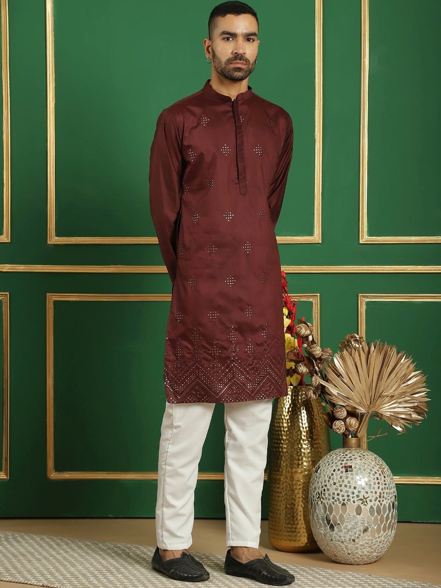 Jompers Maroon & White Regular Fit Embroidered Kurta Bottom Set