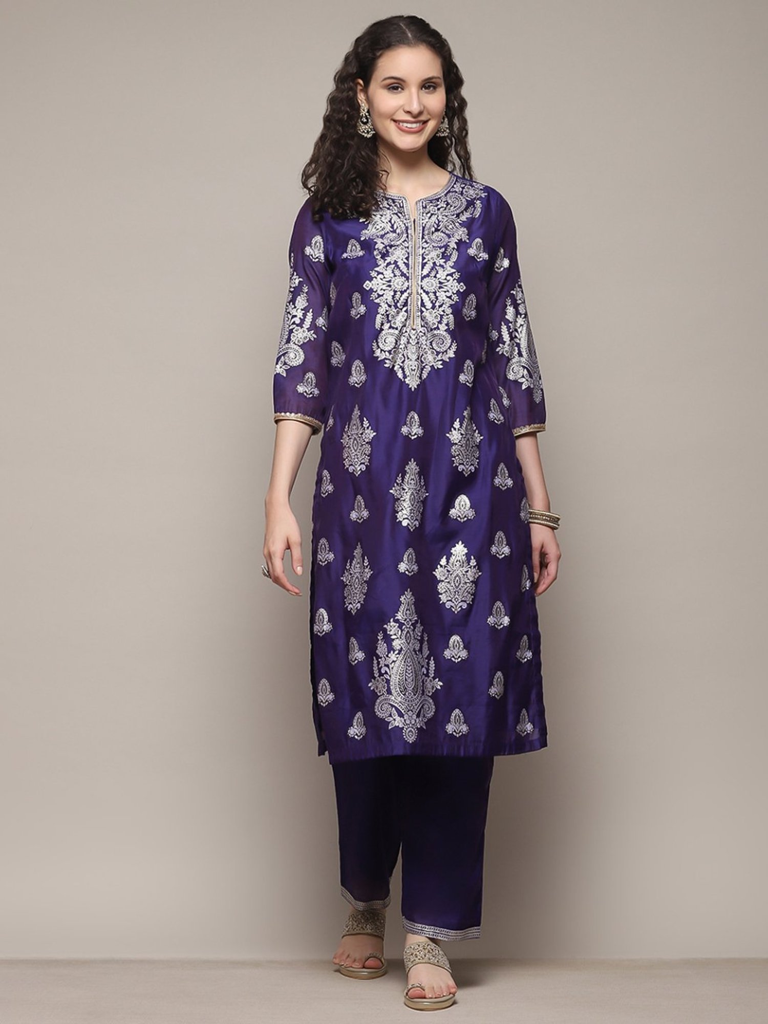Biba Navy Printed Kurta Pant Set