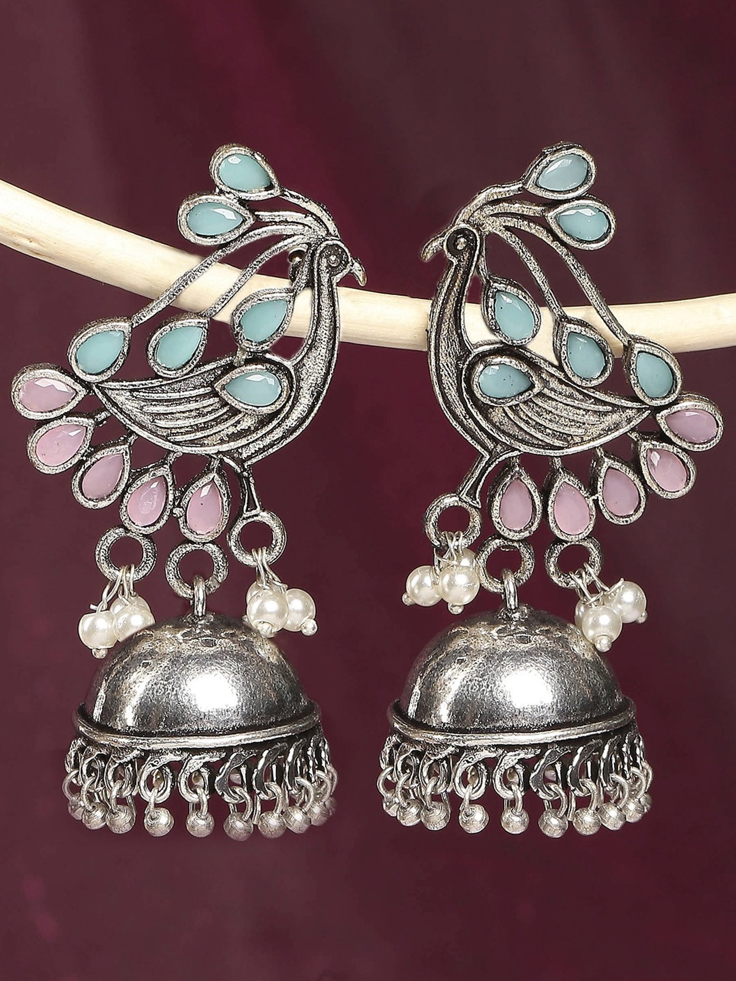 OOMPH Jewellery Oxidized Silver Look Alike Pearls Laxmi Ethnic Jhumki
