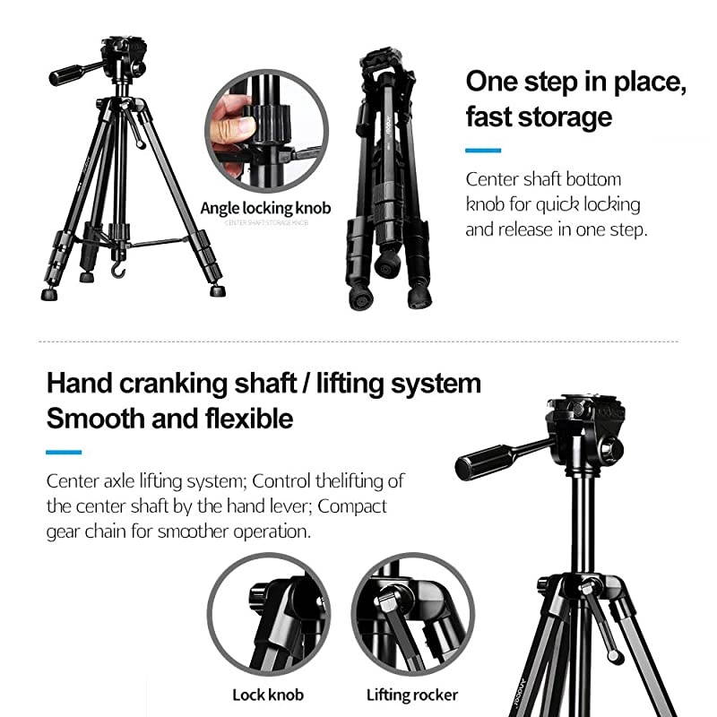 Portable Tripod Stand Aluminum Alloy 5kg/11lbs Load Capacity Max. Height 148cm/58.2in with 3-Way Tripod Head Middle Axis Black