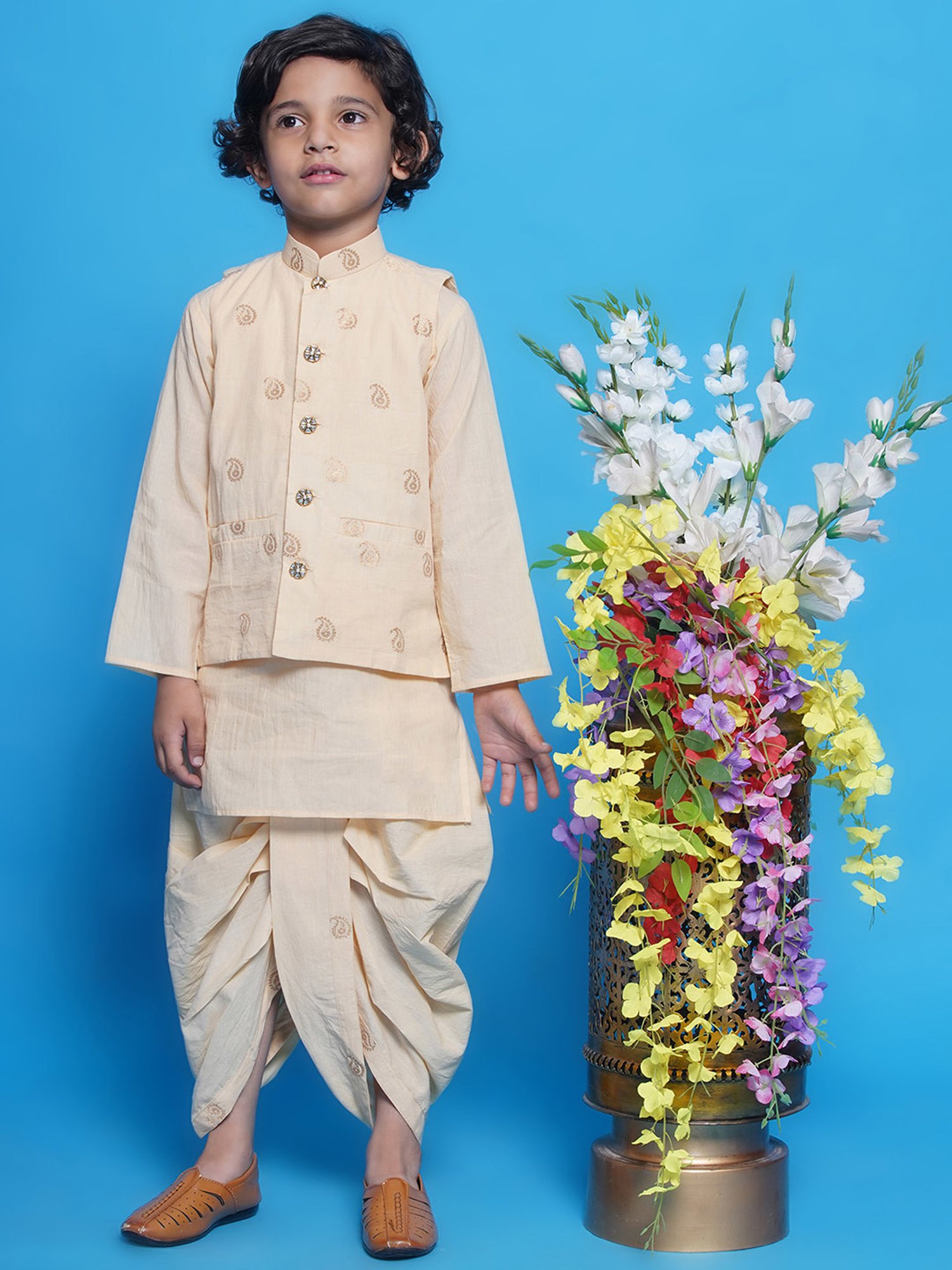 Little Bansi Boys Cream Self Design Full Sleeves Kurta, Dhoti with Jacket