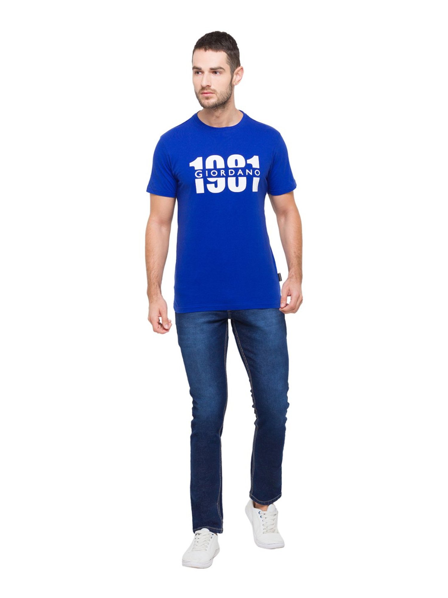 Giordano Blue Cotton Slim Fit Logo Printed T-Shirt
