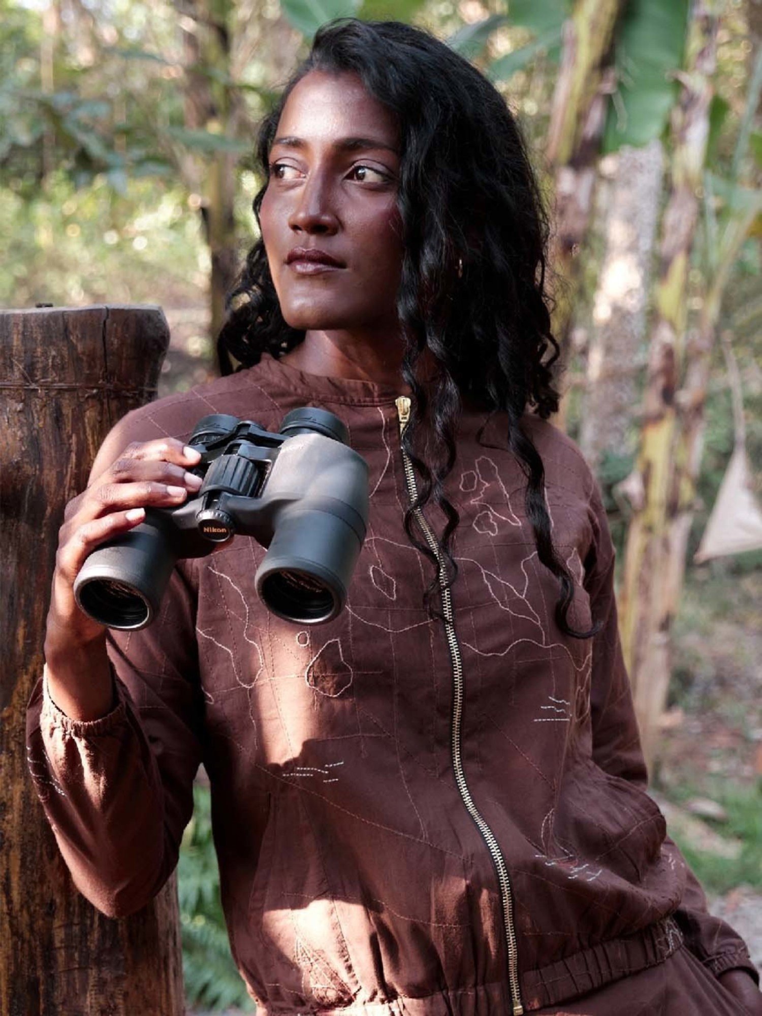 Okhai Globe Brown Pure Cotton Hand Embroidered Bomber Jacket