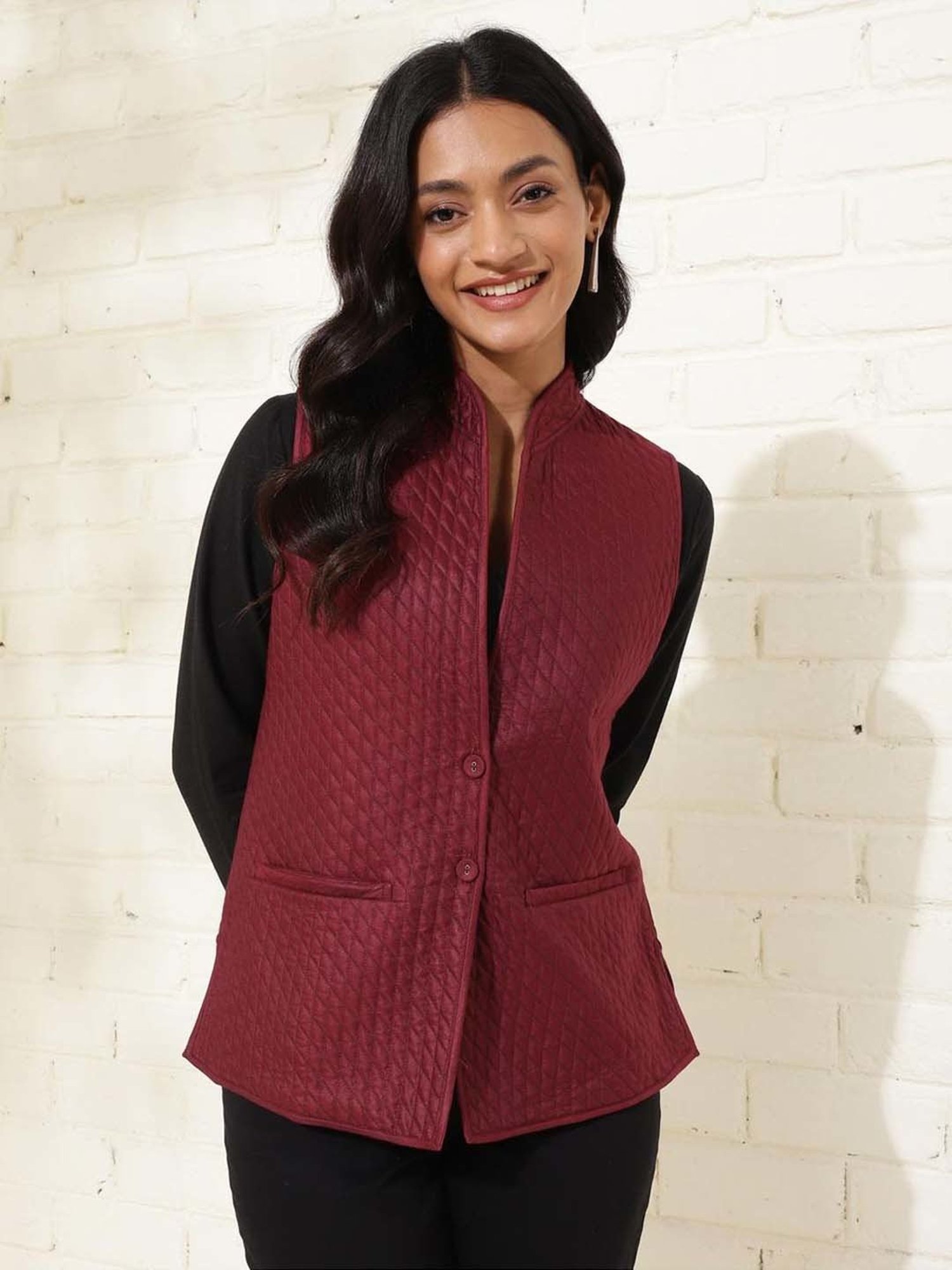 Fabindia Maroon Quilted Nehru Jacket