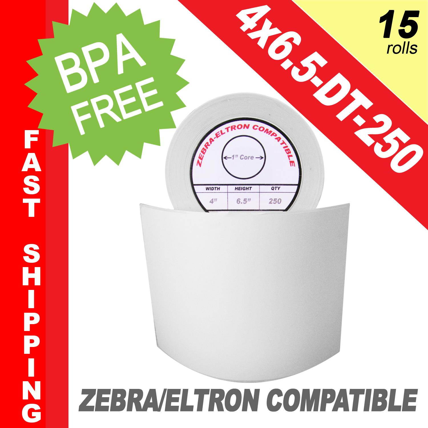 Zebra/Eltron-Compatible 4 x 6.5 Labels (4" x 6-1/2") -- BPA Free! (15 Rolls; 250 Labels per Roll)