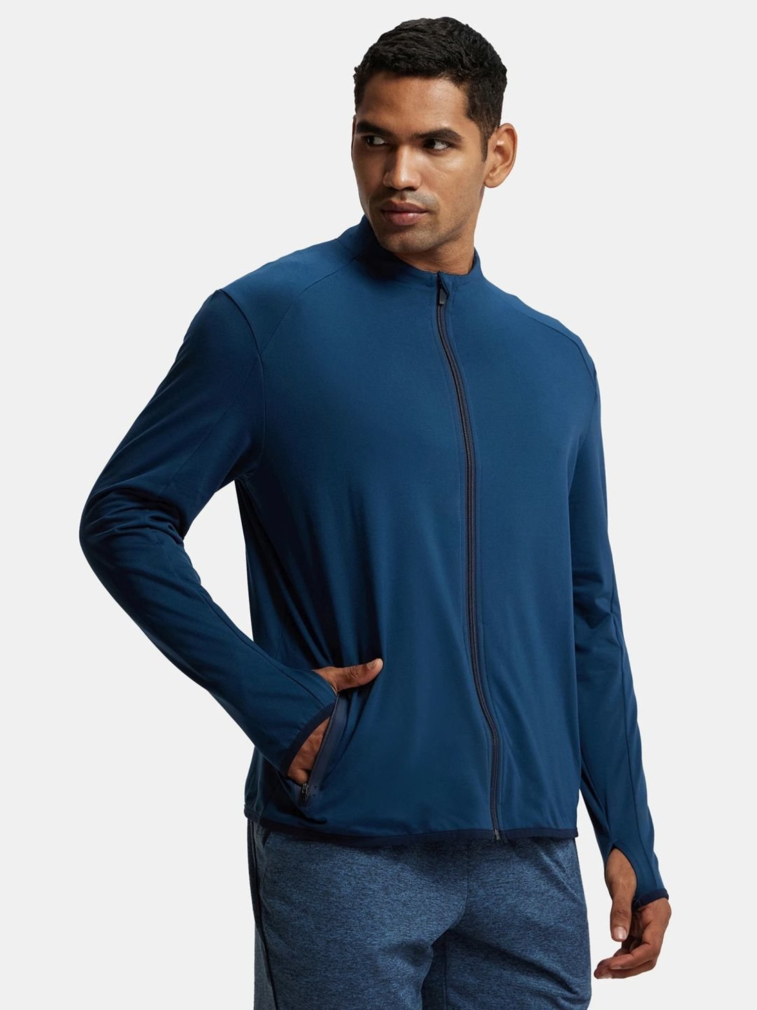 Jockey SP17 Teal Blue Soft Touch Microfiber Elastane Thumbhole Jacket with Stay Dry Treatment